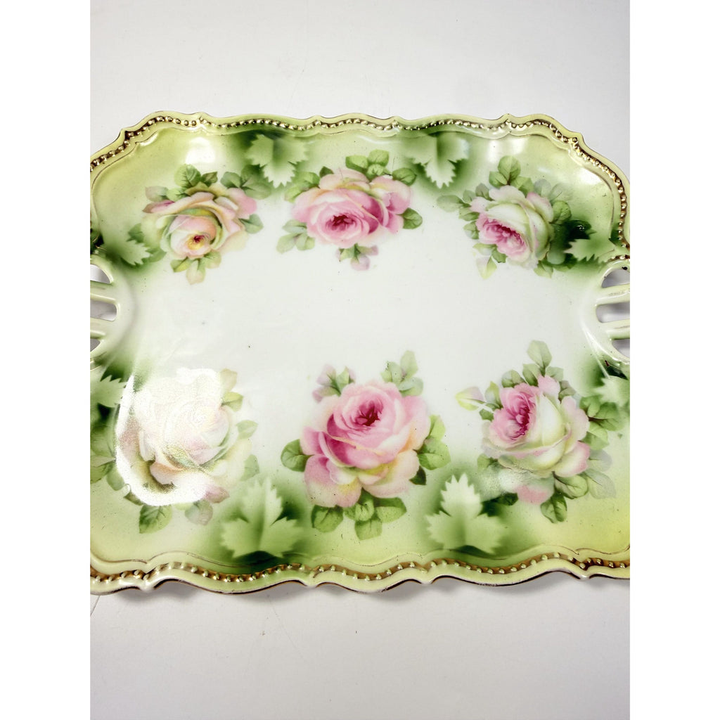 Bread Celery Serving Tray Dish PK Silesia Pink Roses Pierced Reticulated Handles Vintage Hand Painted Flowers Replacement China Victorian