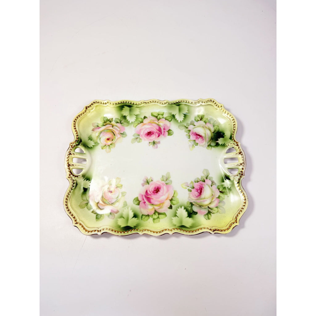 Bread Celery Serving Tray Dish PK Silesia Pink Roses Pierced Reticulated Handles Vintage Hand Painted Flowers Replacement China Victorian