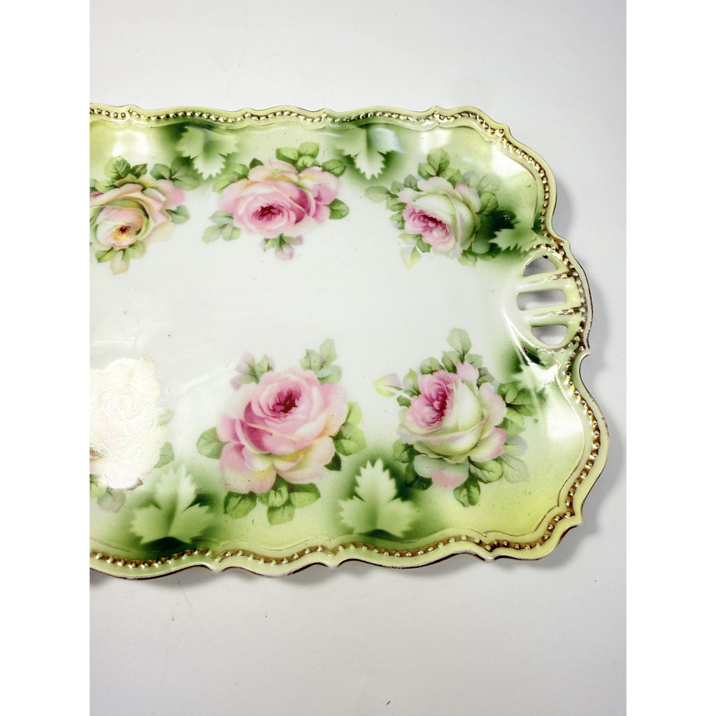 Bread Celery Serving Tray Dish PK Silesia Pink Roses Pierced Reticulated Handles Vintage Hand Painted Flowers Replacement China Victorian