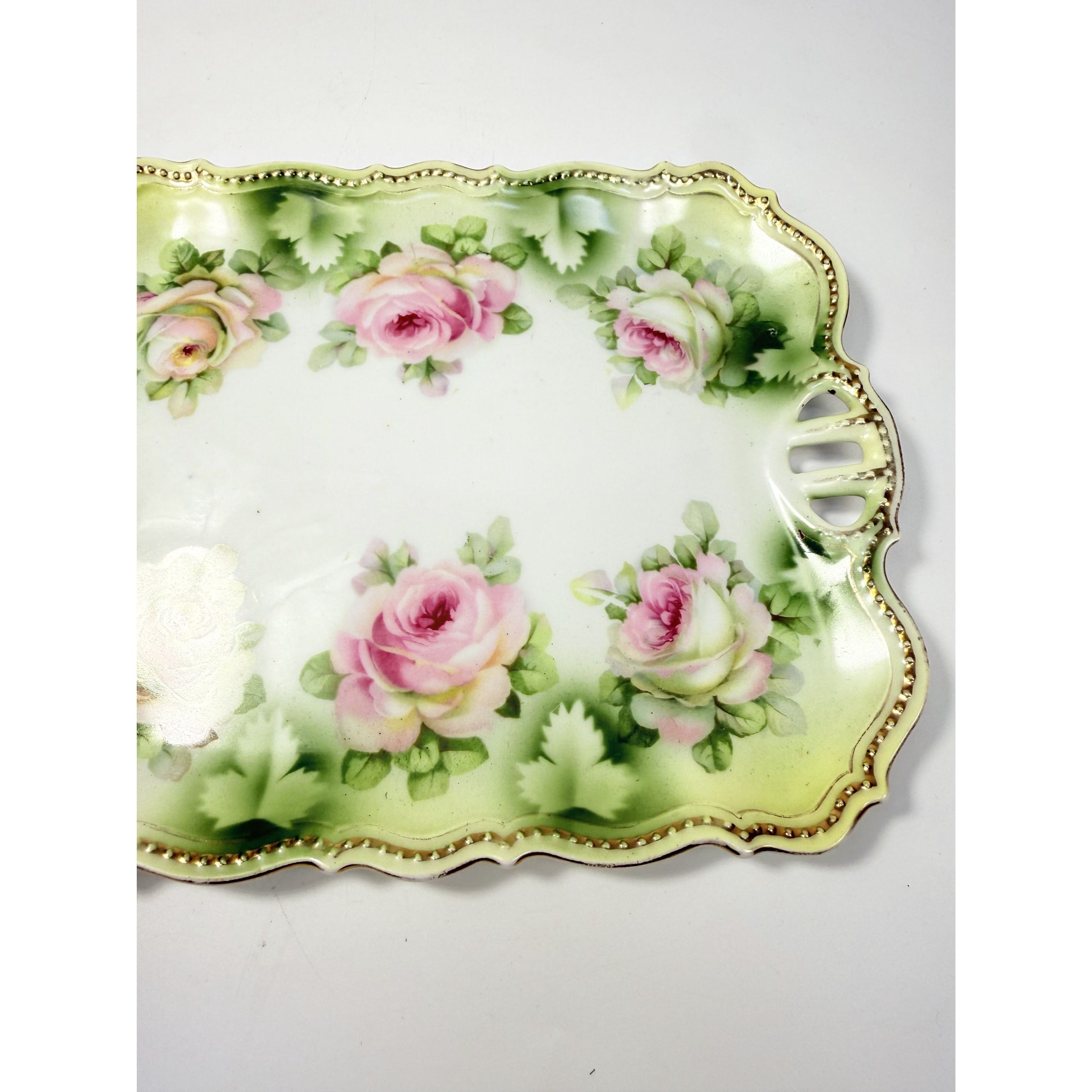 Bread Celery Serving Tray Dish PK Silesia Pink Roses Pierced Reticulated Handles Vintage Hand Painted Flowers Replacement China Victorian