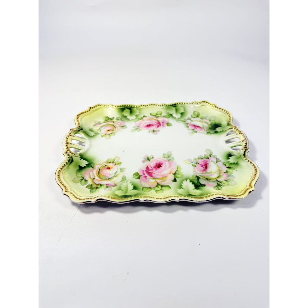 Bread Celery Serving Tray Dish PK Silesia Pink Roses Pierced Reticulated Handles Vintage Hand Painted Flowers Replacement China Victorian