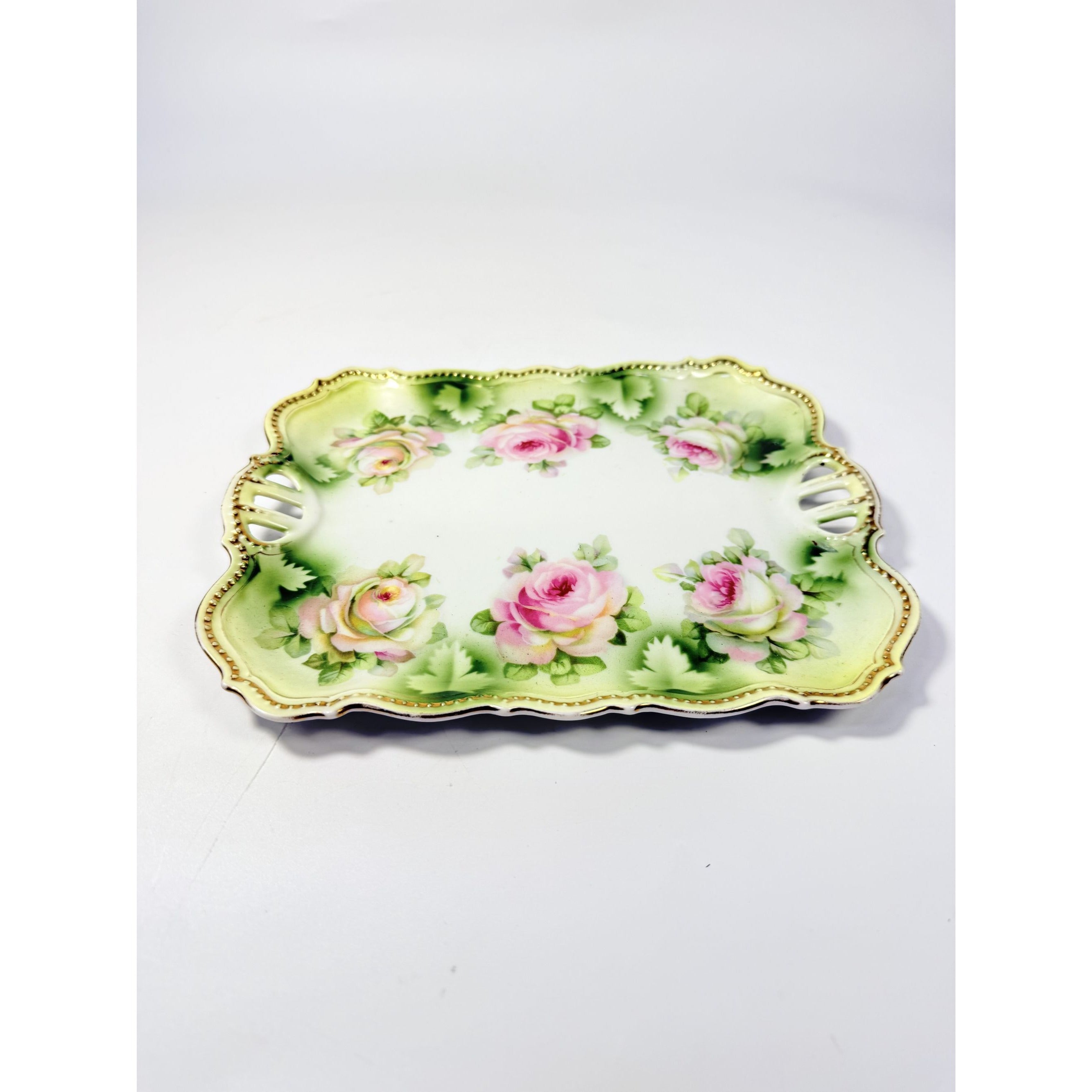 Bread Celery Serving Tray Dish PK Silesia Pink Roses Pierced Reticulated Handles Vintage Hand Painted Flowers Replacement China Victorian