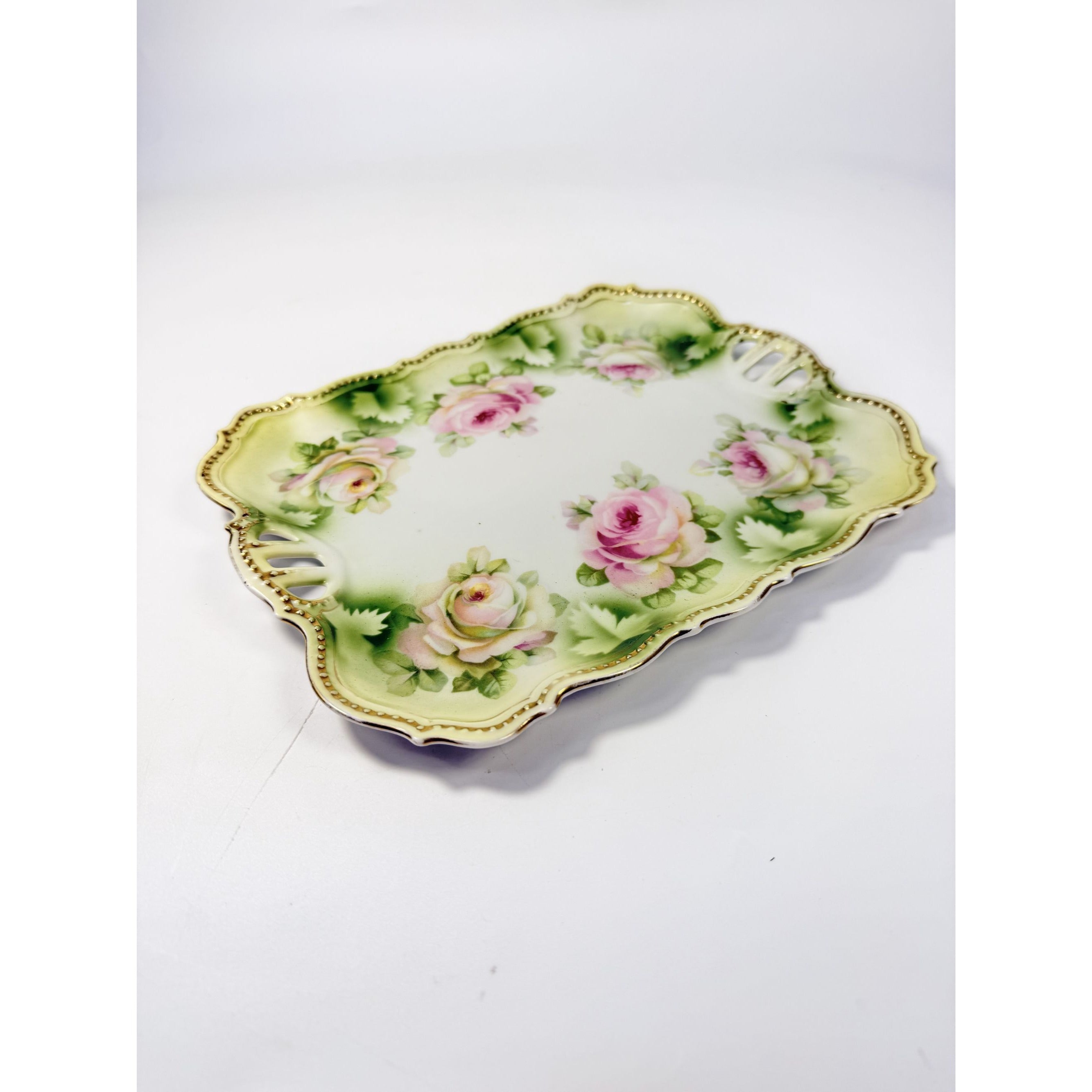 Bread Celery Serving Tray Dish PK Silesia Pink Roses Pierced Reticulated Handles Vintage Hand Painted Flowers Replacement China Victorian