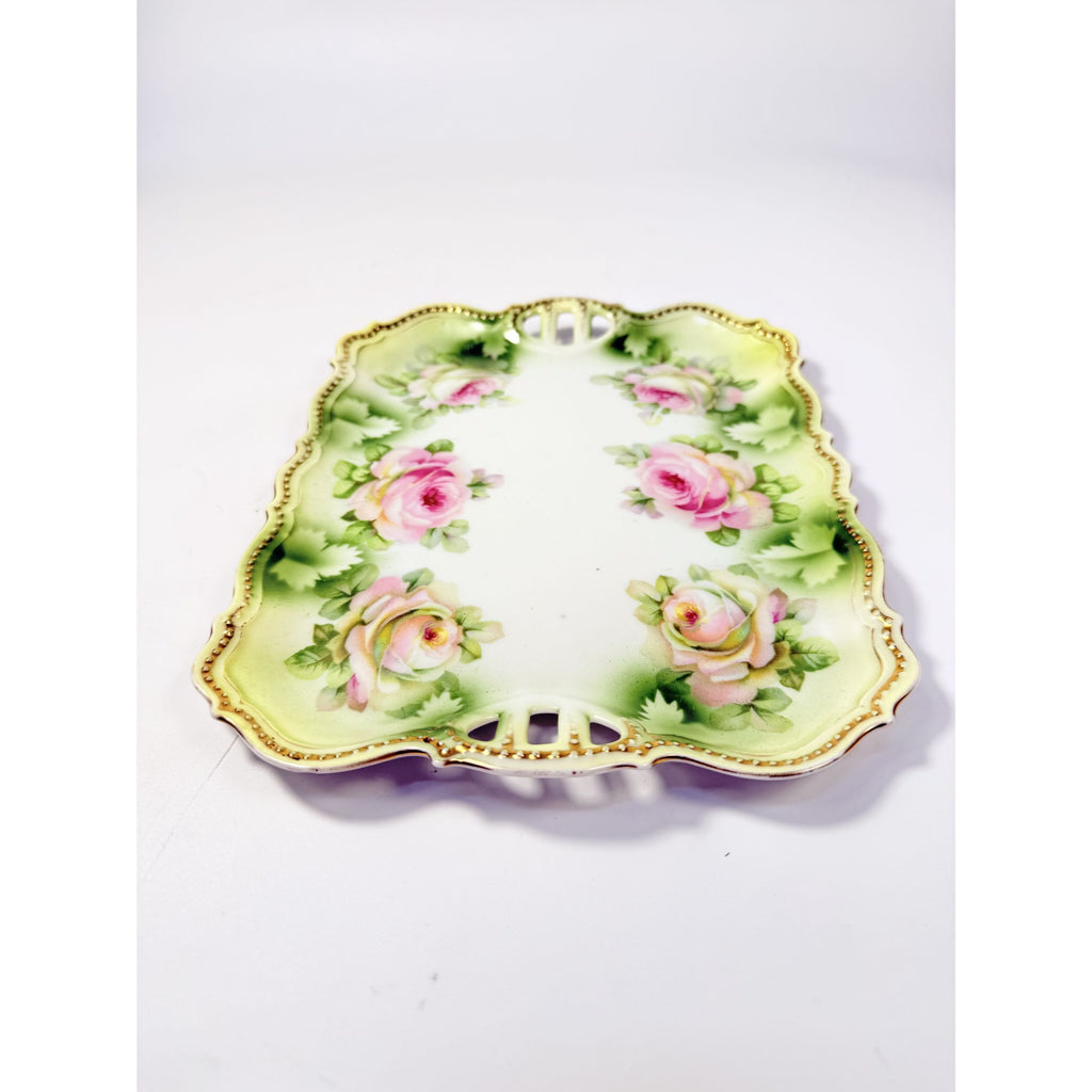 Bread Celery Serving Tray Dish PK Silesia Pink Roses Pierced Reticulated Handles Vintage Hand Painted Flowers Replacement China Victorian
