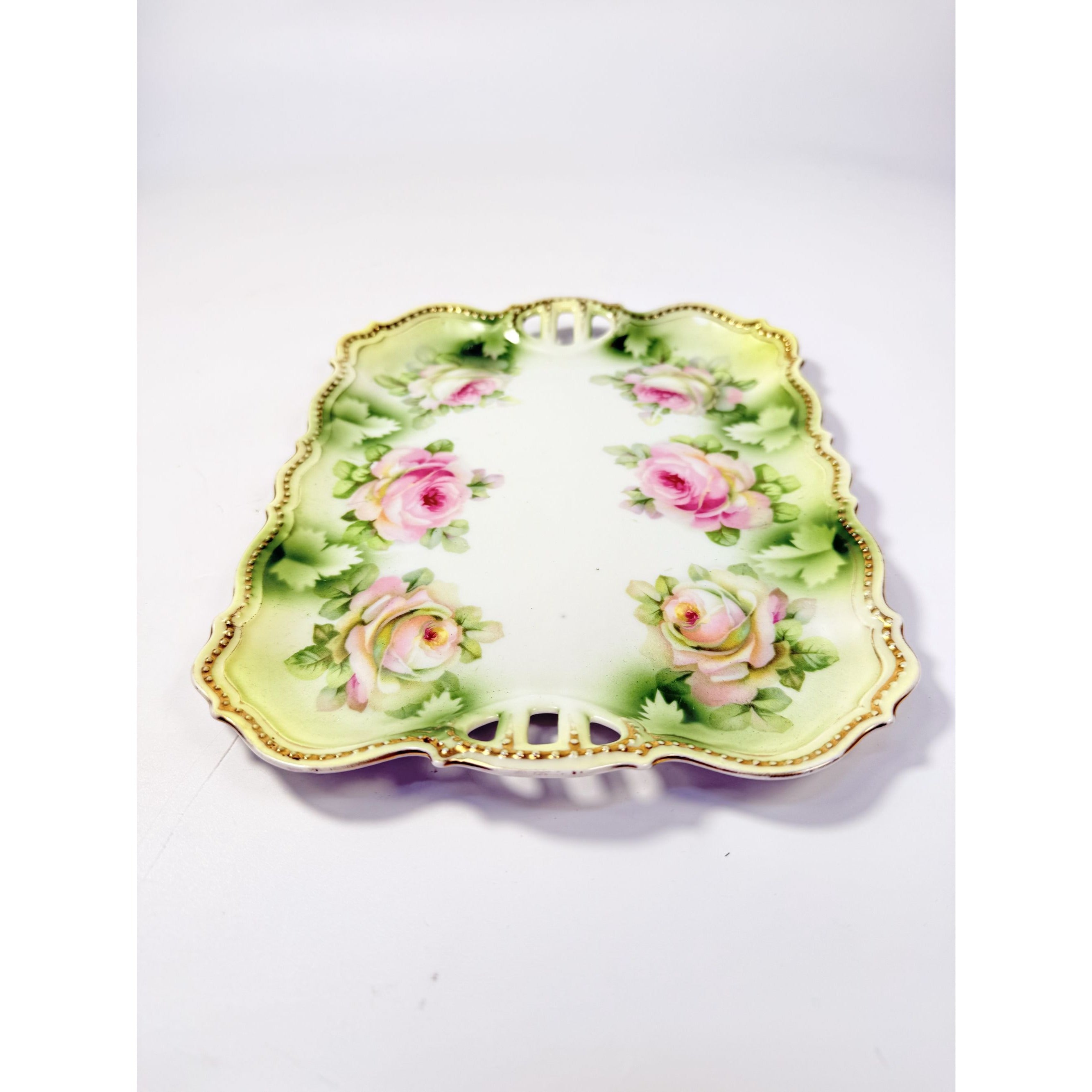 Bread Celery Serving Tray Dish PK Silesia Pink Roses Pierced Reticulated Handles Vintage Hand Painted Flowers Replacement China Victorian