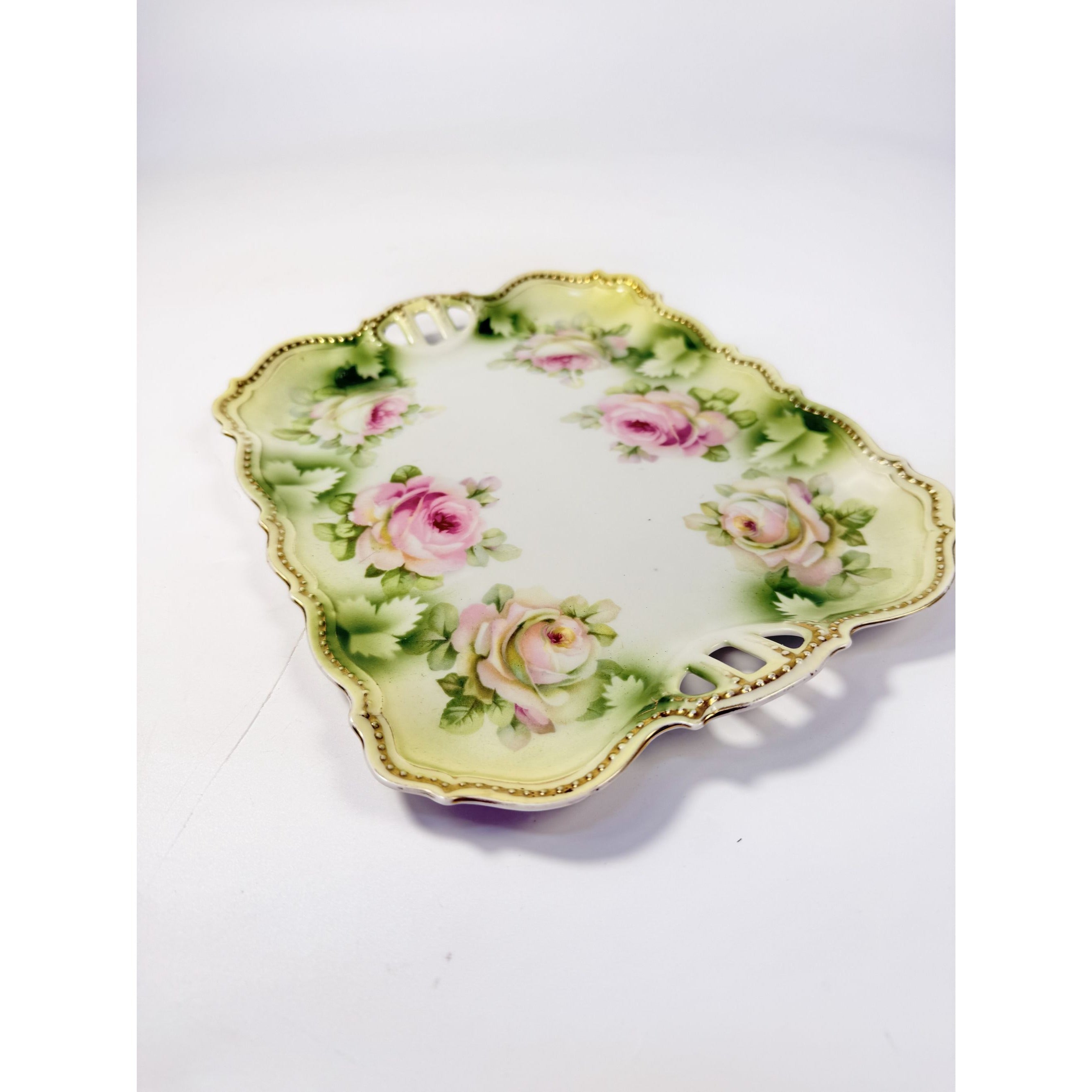 Bread Celery Serving Tray Dish PK Silesia Pink Roses Pierced Reticulated Handles Vintage Hand Painted Flowers Replacement China Victorian