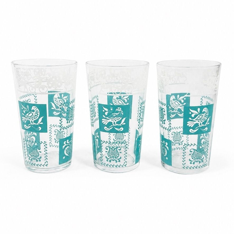Drinking Glasses Tea Water Hazel Atlas Set 3 Pennsylvania Dutch Amish Americana Teal White Tumblers Mid Century Replacement Glassware