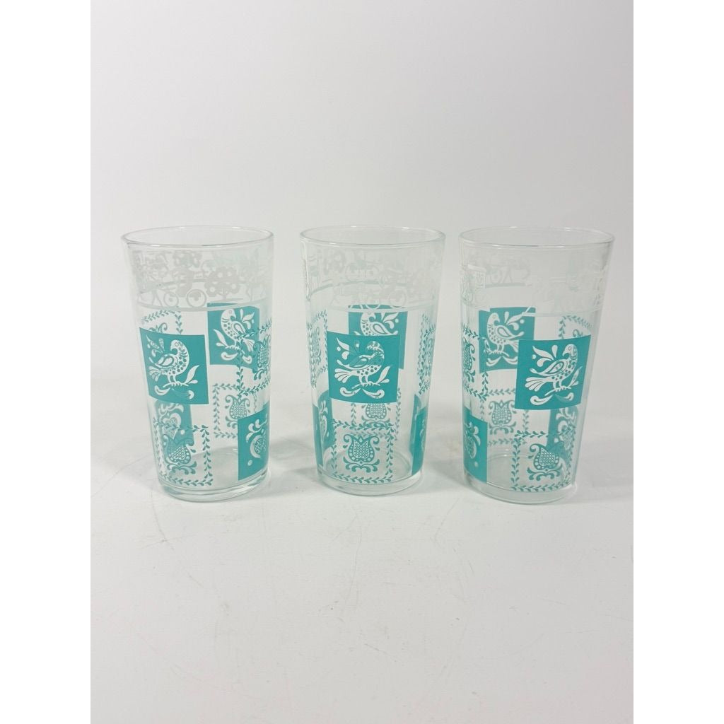 Drinking Glasses Tea Water Hazel Atlas Set 3 Pennsylvania Dutch Amish Americana Teal White Tumblers Mid Century Replacement Glassware