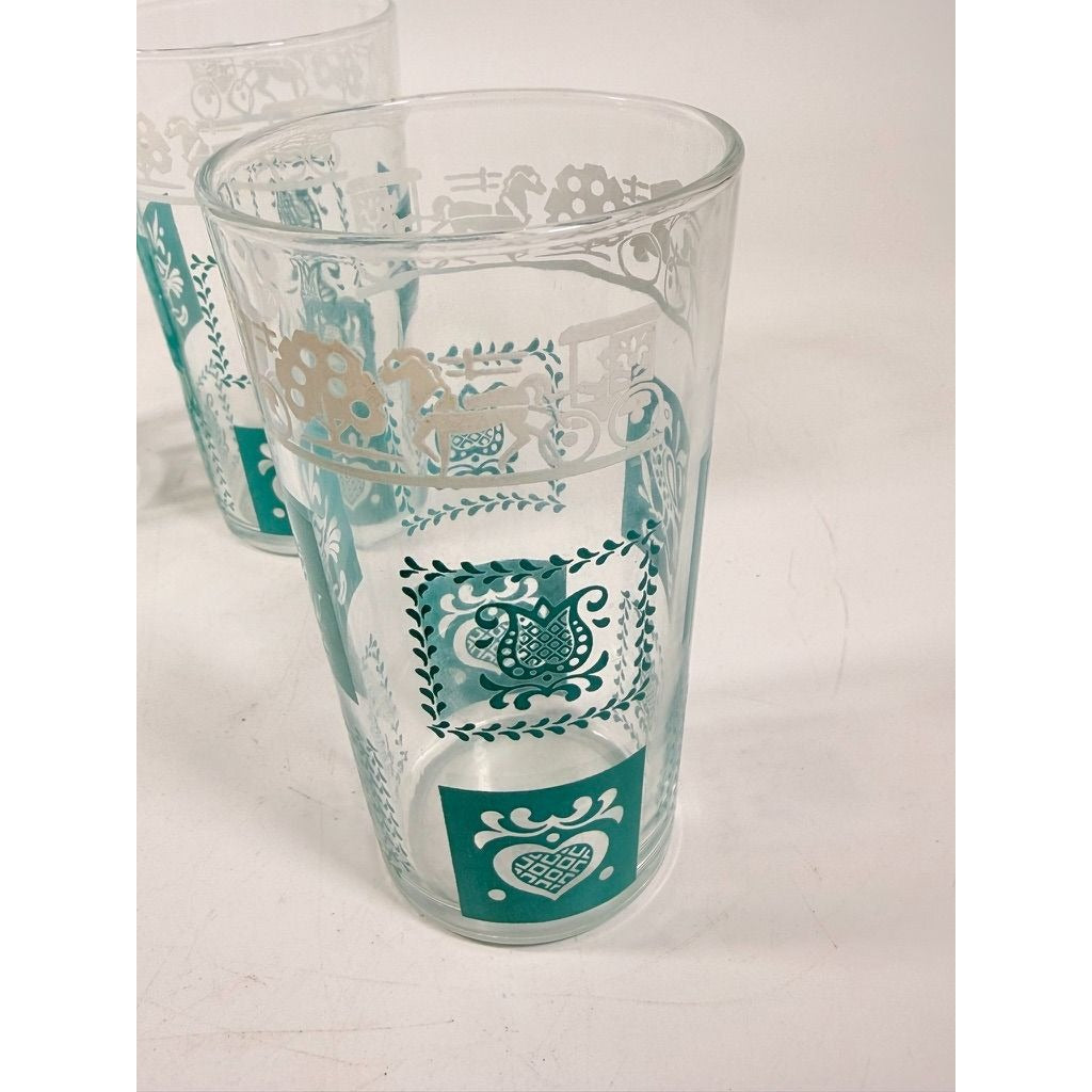 Drinking Glasses Tea Water Hazel Atlas Set 3 Pennsylvania Dutch Amish Americana Teal White Tumblers Mid Century Replacement Glassware