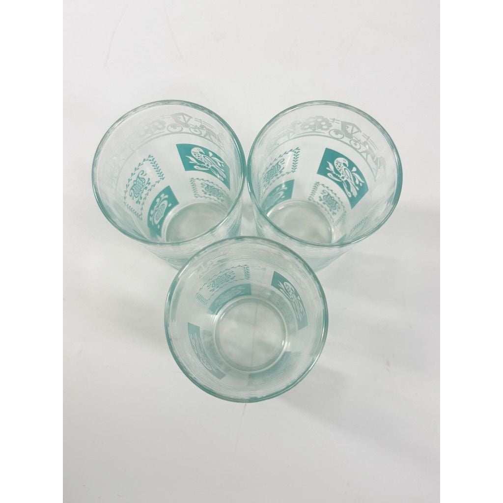 Drinking Glasses Tea Water Hazel Atlas Set 3 Pennsylvania Dutch Amish Americana Teal White Tumblers Mid Century Replacement Glassware