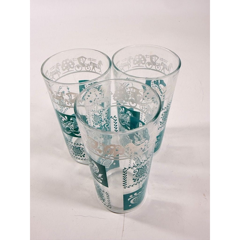 Drinking Glasses Tea Water Hazel Atlas Set 3 Pennsylvania Dutch Amish Americana Teal White Tumblers Mid Century Replacement Glassware