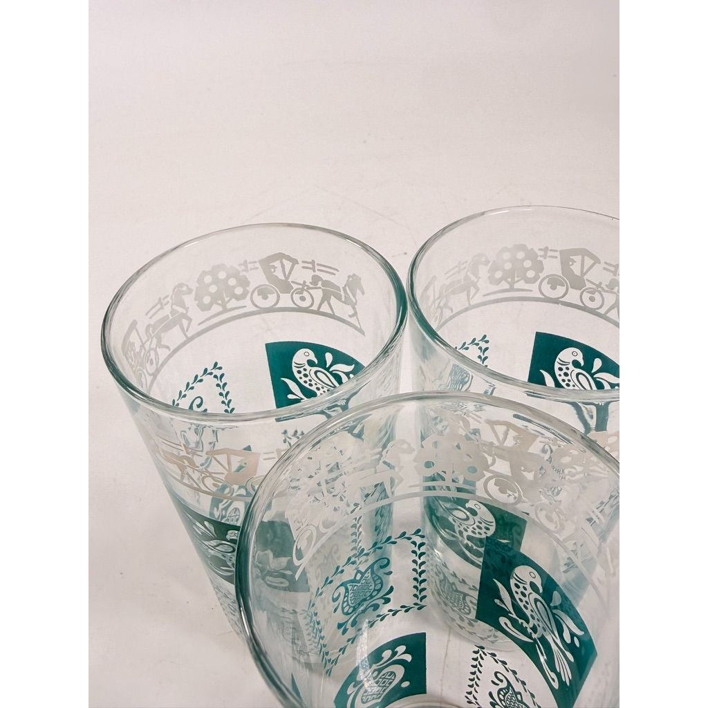 Drinking Glasses Tea Water Hazel Atlas Set 3 Pennsylvania Dutch Amish Americana Teal White Tumblers Mid Century Replacement Glassware