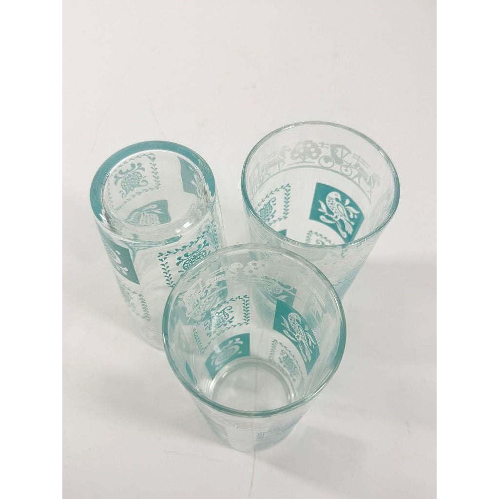 Drinking Glasses Tea Water Hazel Atlas Set 3 Pennsylvania Dutch Amish Americana Teal White Tumblers Mid Century Replacement Glassware