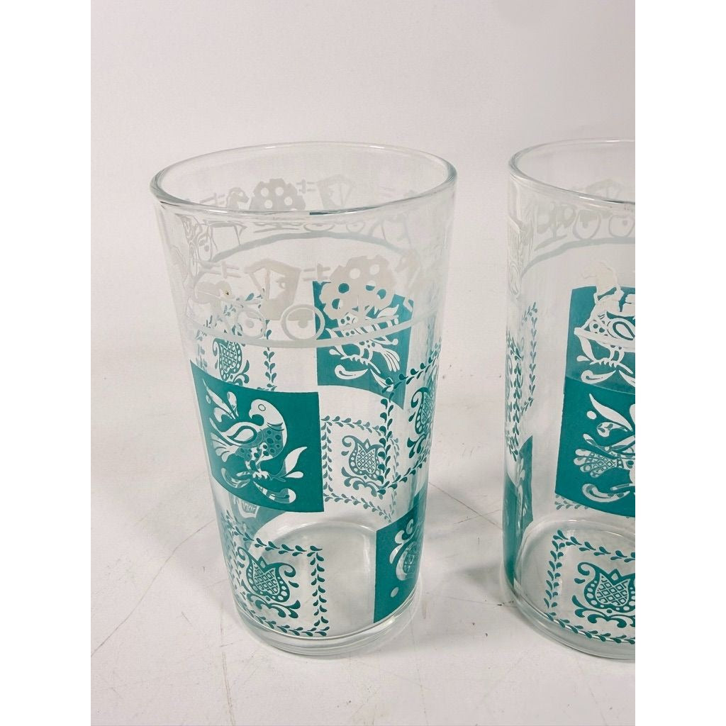 Drinking Glasses Tea Water Hazel Atlas Set 3 Pennsylvania Dutch Amish Americana Teal White Tumblers Mid Century Replacement Glassware