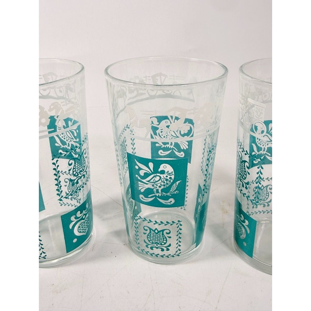 Drinking Glasses Tea Water Hazel Atlas Set 3 Pennsylvania Dutch Amish Americana Teal White Tumblers Mid Century Replacement Glassware