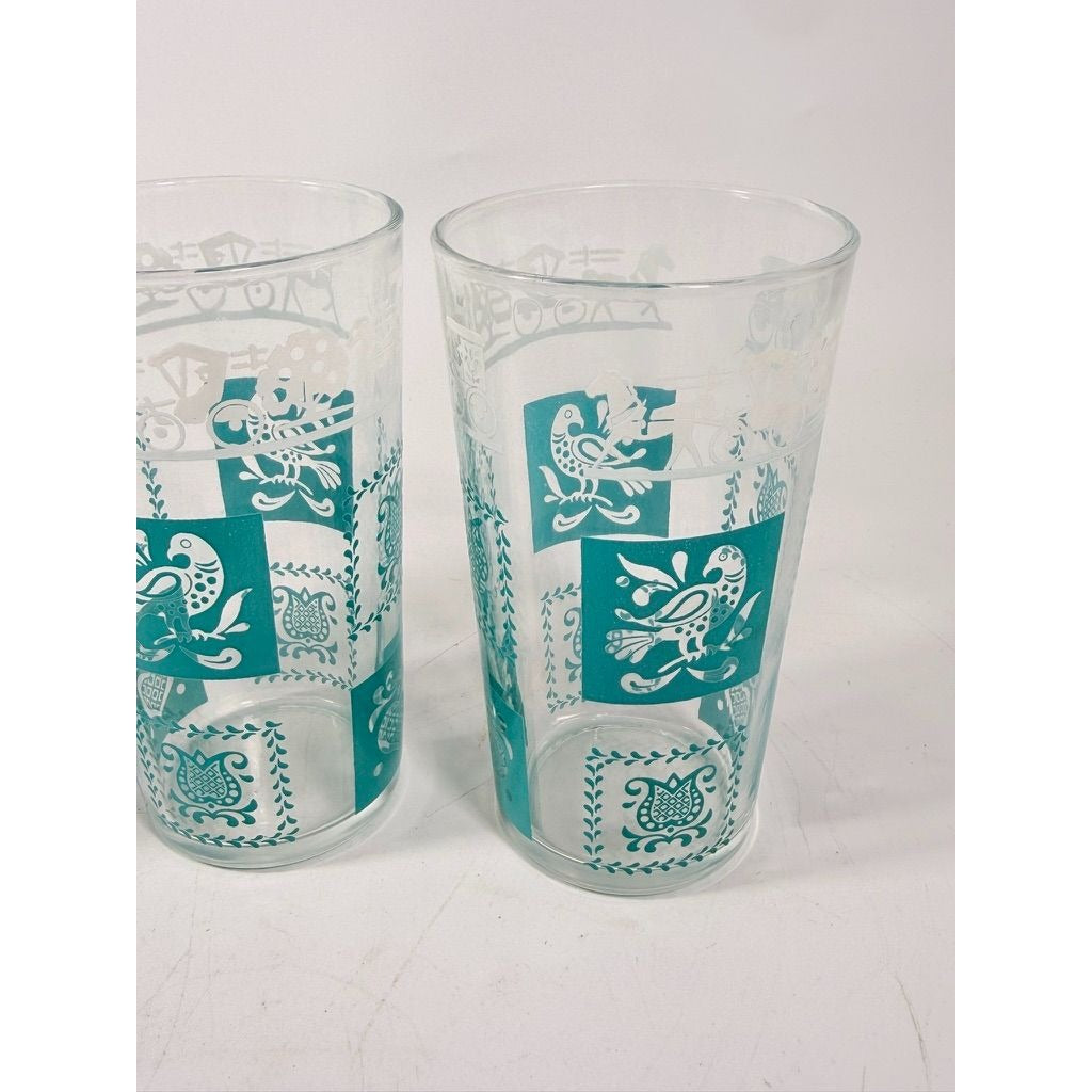 Drinking Glasses Tea Water Hazel Atlas Set 3 Pennsylvania Dutch Amish Americana Teal White Tumblers Mid Century Replacement Glassware