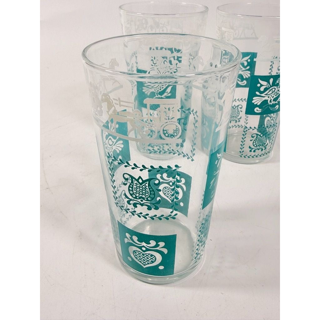 Drinking Glasses Tea Water Hazel Atlas Set 3 Pennsylvania Dutch Amish Americana Teal White Tumblers Mid Century Replacement Glassware