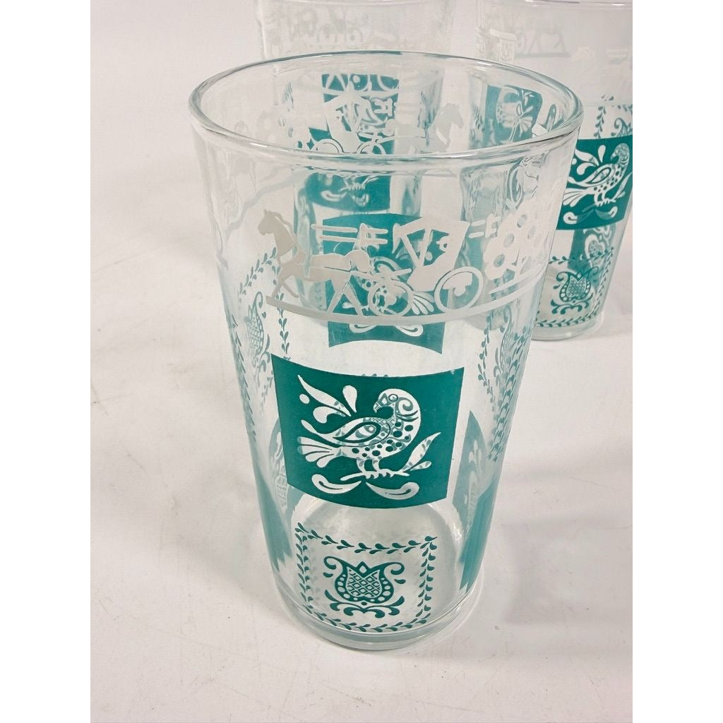 Drinking Glasses Tea Water Hazel Atlas Set 3 Pennsylvania Dutch Amish Americana Teal White Tumblers Mid Century Replacement Glassware