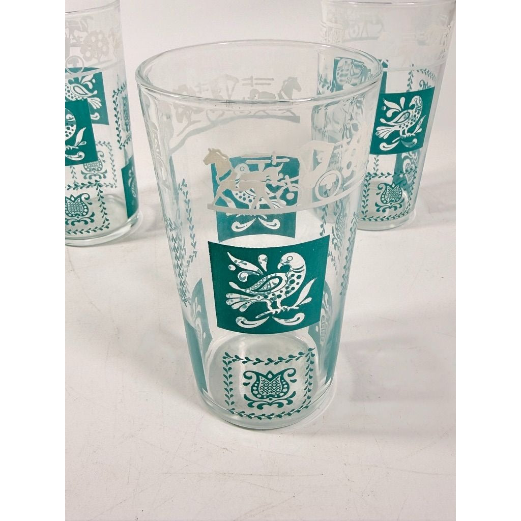 Drinking Glasses Tea Water Hazel Atlas Set 3 Pennsylvania Dutch Amish Americana Teal White Tumblers Mid Century Replacement Glassware
