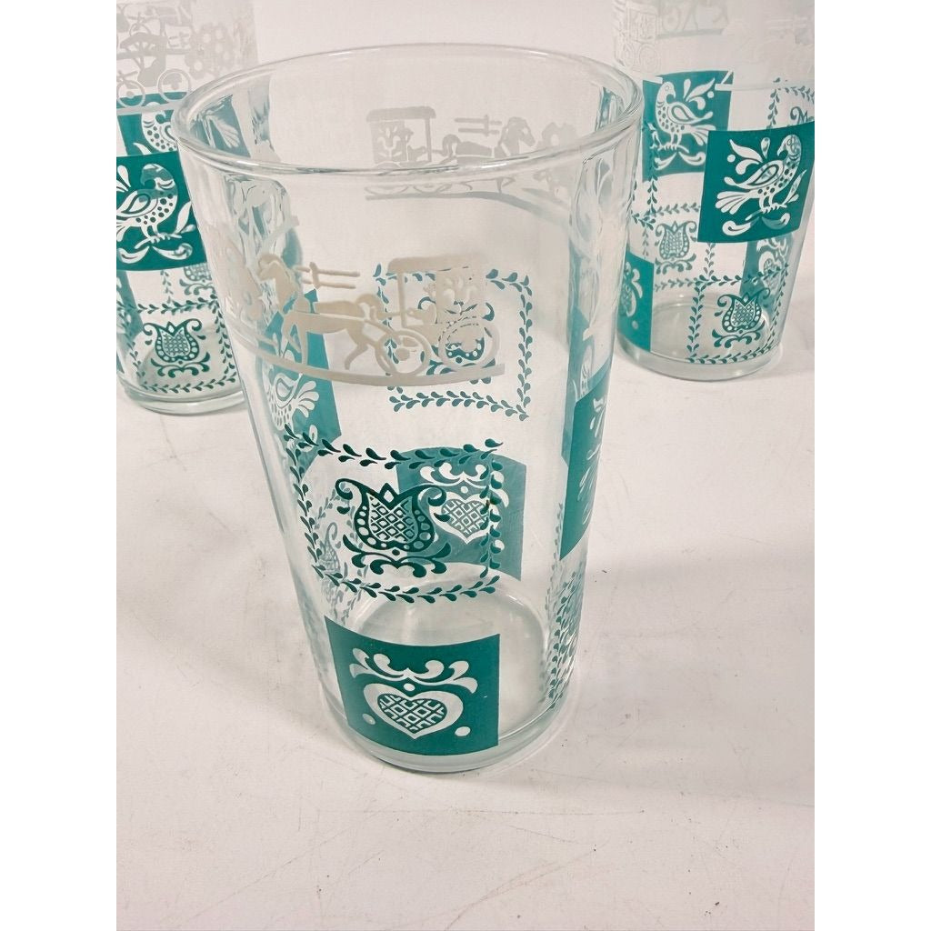 Drinking Glasses Tea Water Hazel Atlas Set 3 Pennsylvania Dutch Amish Americana Teal White Tumblers Mid Century Replacement Glassware