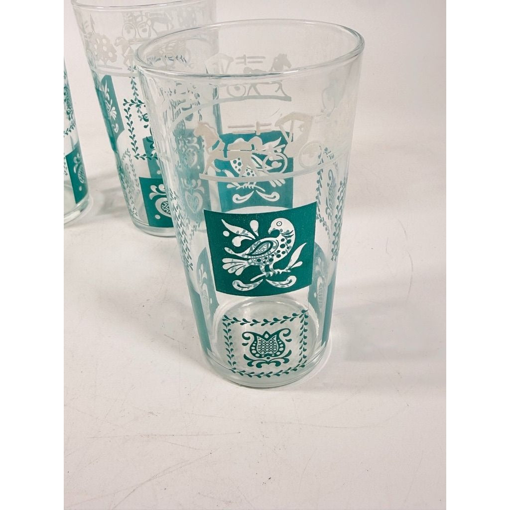 Drinking Glasses Tea Water Hazel Atlas Set 3 Pennsylvania Dutch Amish Americana Teal White Tumblers Mid Century Replacement Glassware