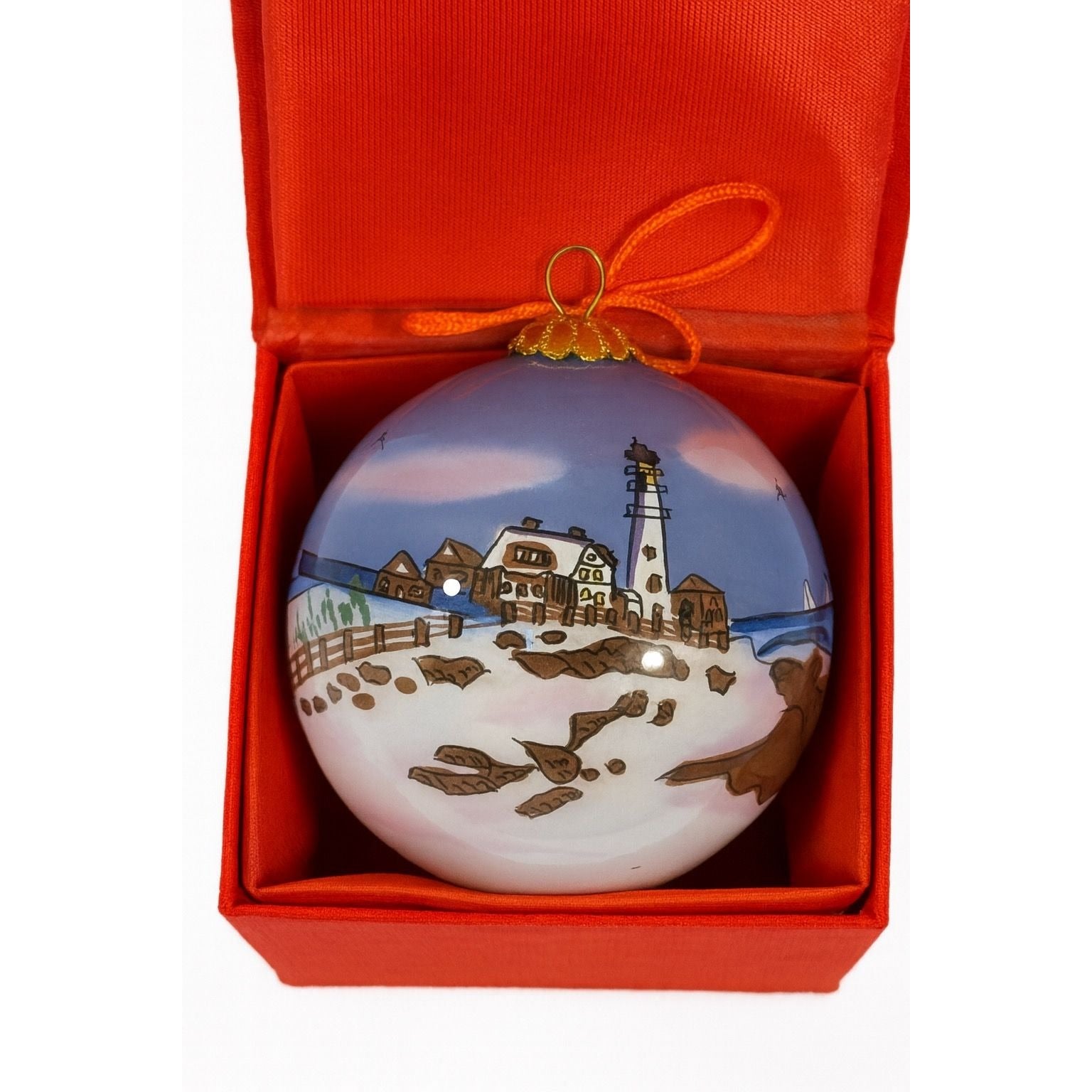 Glass Hand Painted Ornament Ball  Lighthouse with Keepsake Box | Vintage Christmas Tree Holiday Decor Handpainted Coastal Beach Seaside