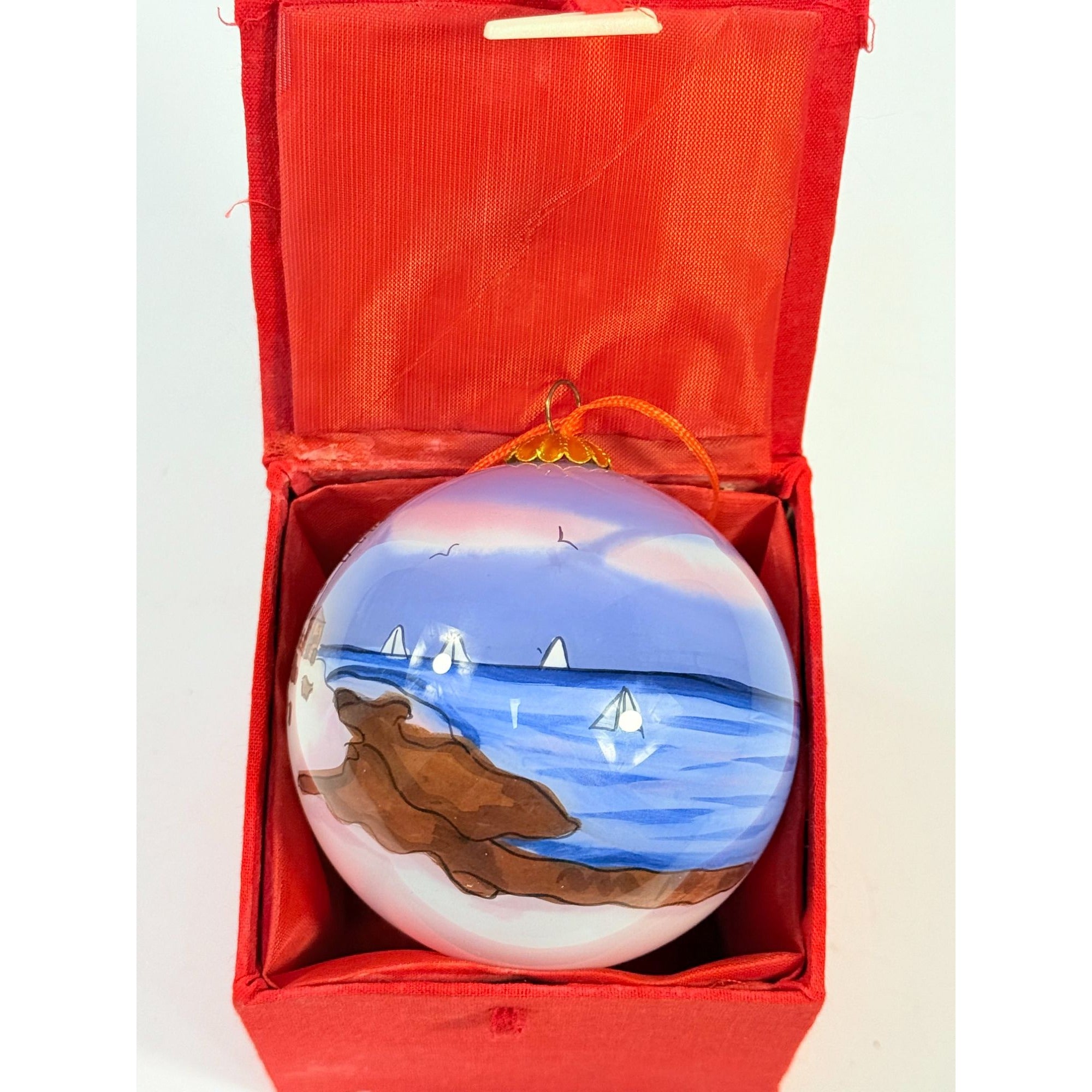 Glass Hand Painted Ornament Ball  Lighthouse with Keepsake Box | Vintage Christmas Tree Holiday Decor Handpainted Coastal Beach Seaside