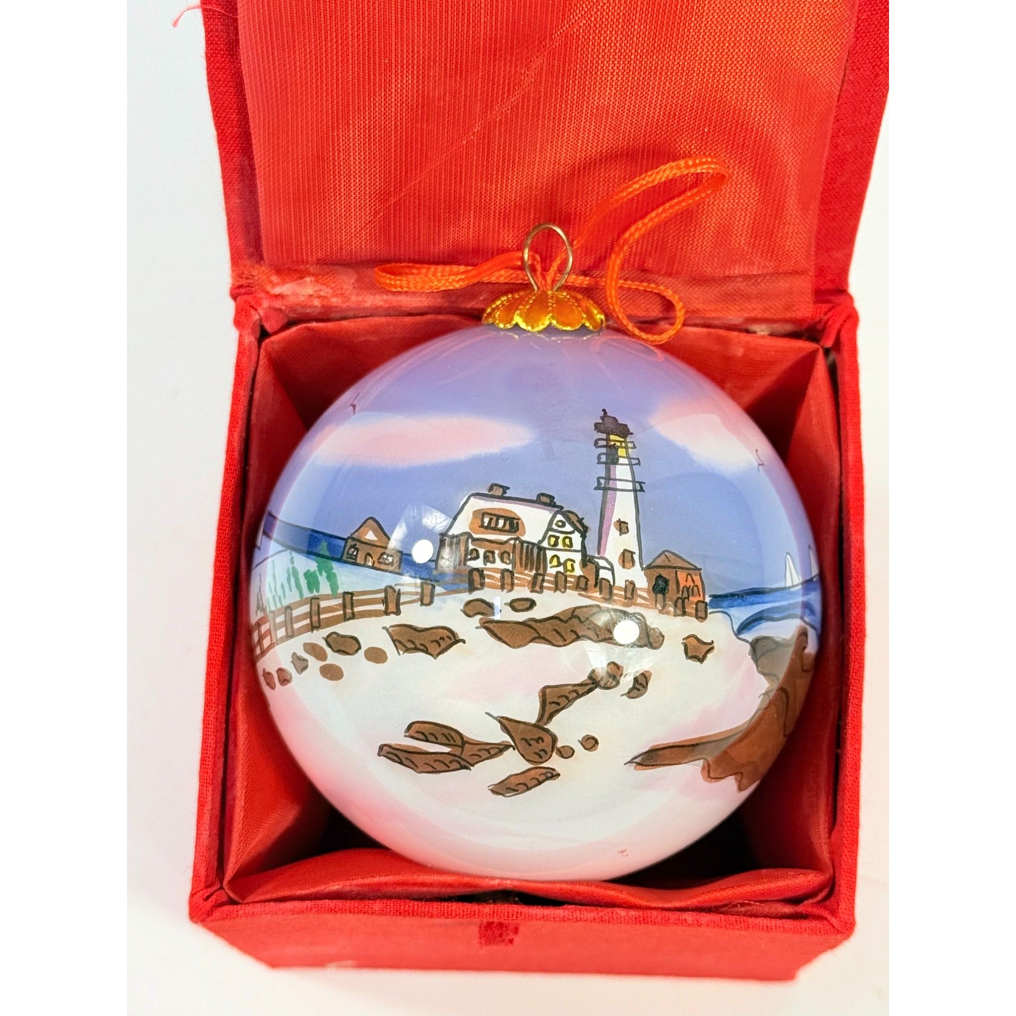 Glass Hand Painted Ornament Ball  Lighthouse with Keepsake Box | Vintage Christmas Tree Holiday Decor Handpainted Coastal Beach Seaside