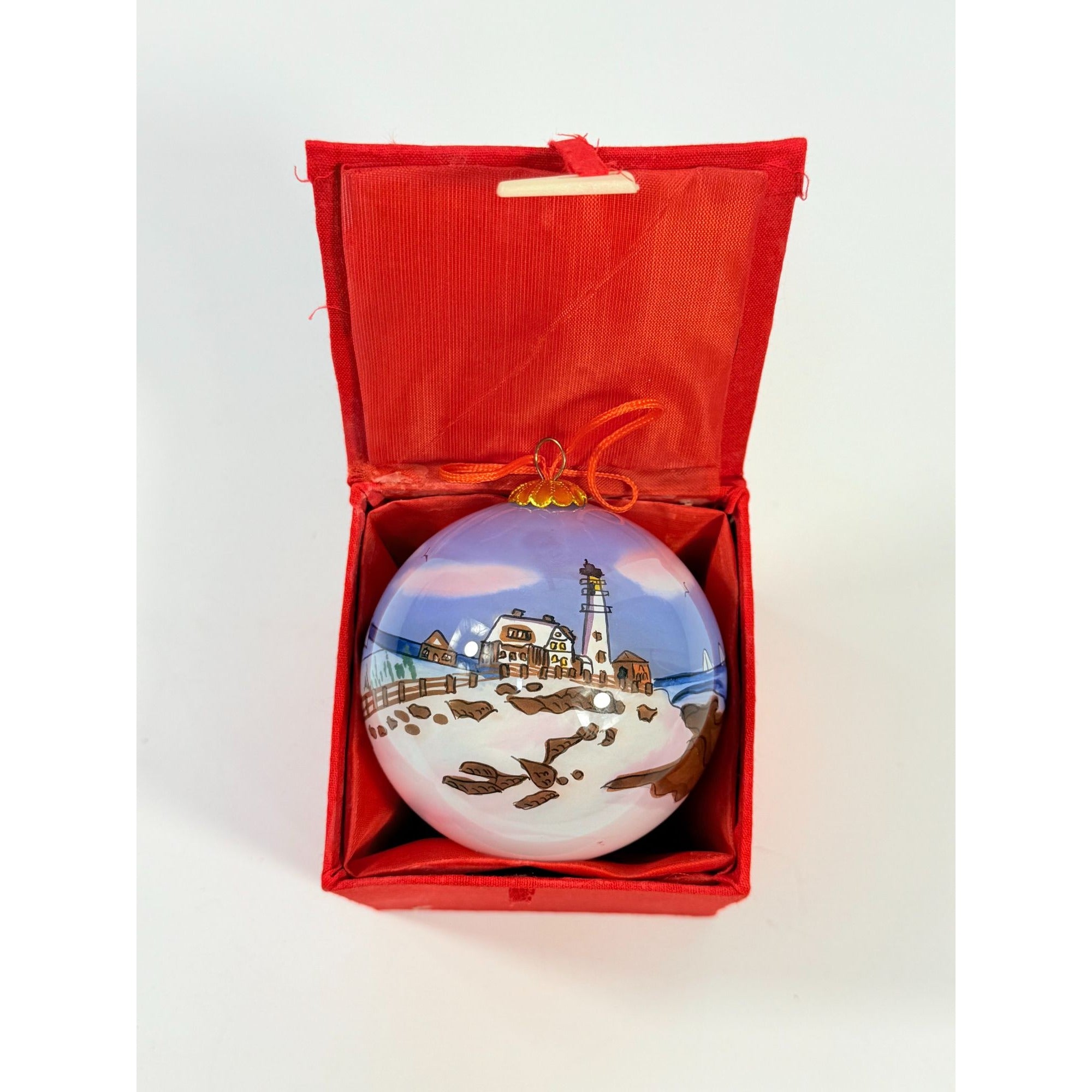 Glass Hand Painted Ornament Ball  Lighthouse with Keepsake Box | Vintage Christmas Tree Holiday Decor Handpainted Coastal Beach Seaside