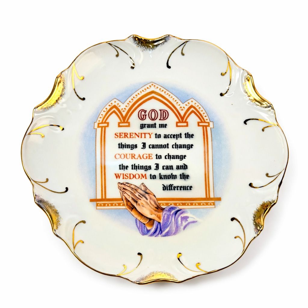 Serenity Prayer Plate Porcelain Ceramic Made Japan Mid State Gallery Wall Decor Jesus Christianity Religious Granny Core Praying Hands Gold