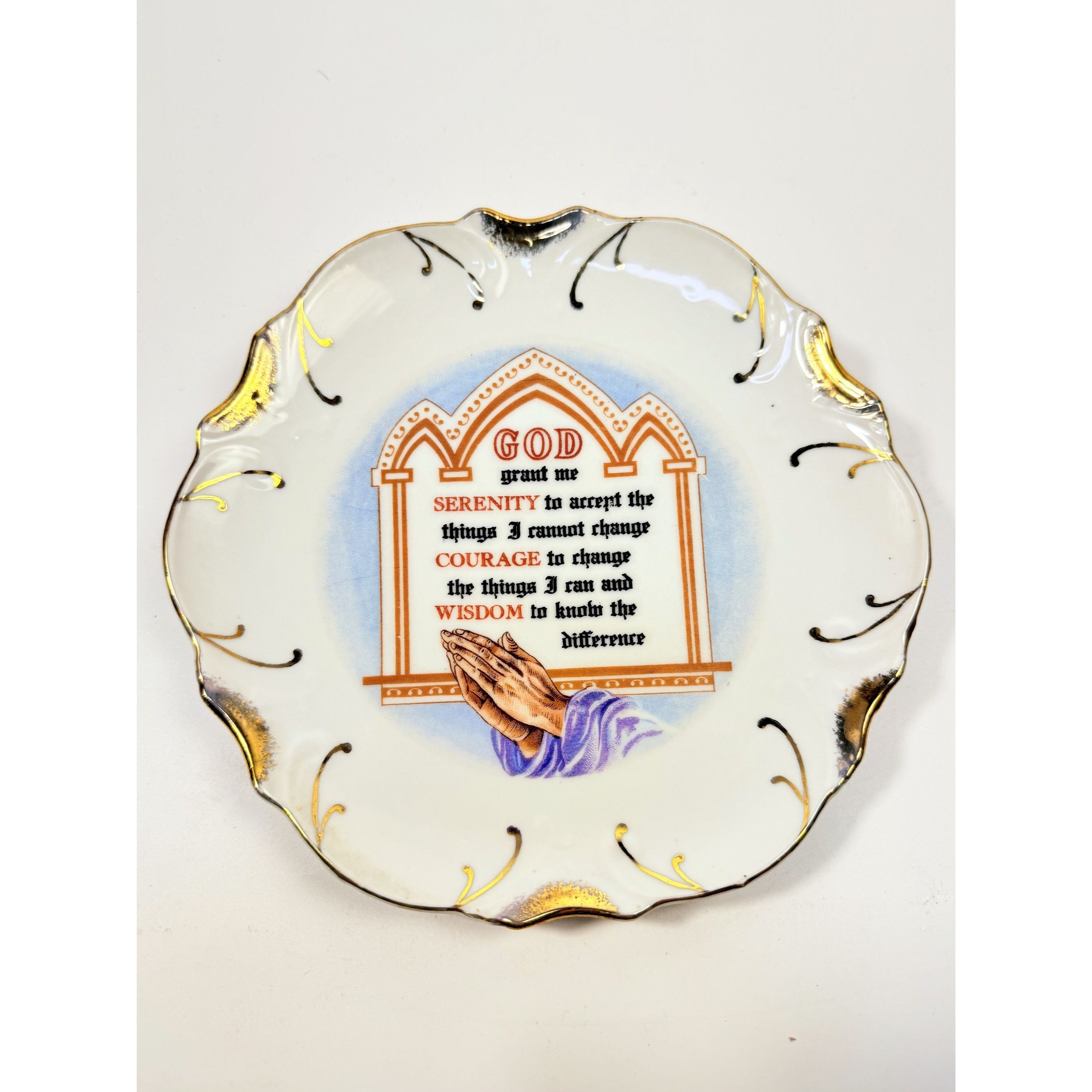 Serenity Prayer Plate Porcelain Ceramic Made Japan Mid State Gallery Wall Decor Jesus Christianity Religious Granny Core Praying Hands Gold