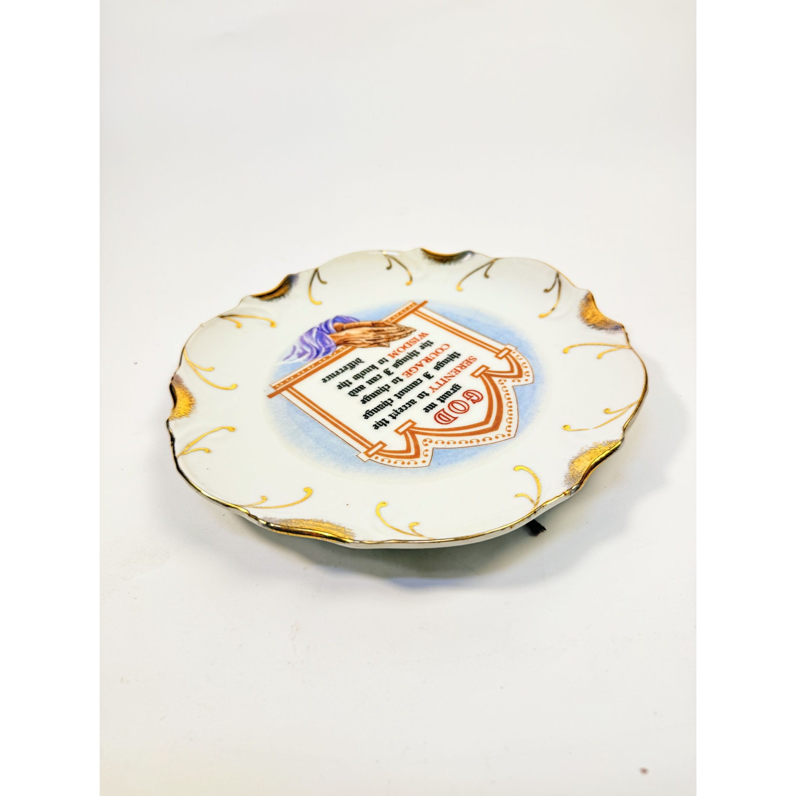Serenity Prayer Plate Porcelain Ceramic Made Japan Mid State Gallery Wall Decor Jesus Christianity Religious Granny Core Praying Hands Gold