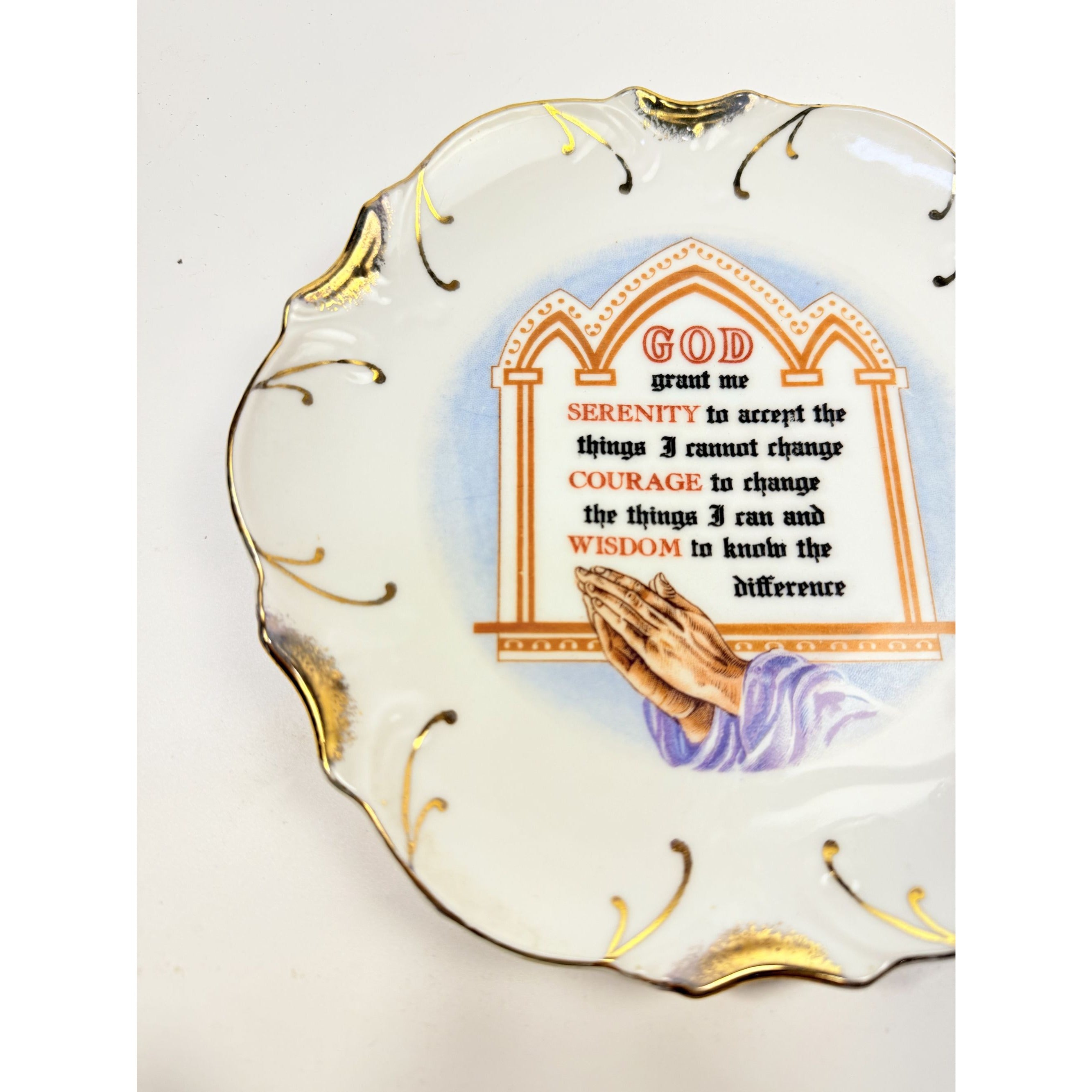 Serenity Prayer Plate Porcelain Ceramic Made Japan Mid State Gallery Wall Decor Jesus Christianity Religious Granny Core Praying Hands Gold