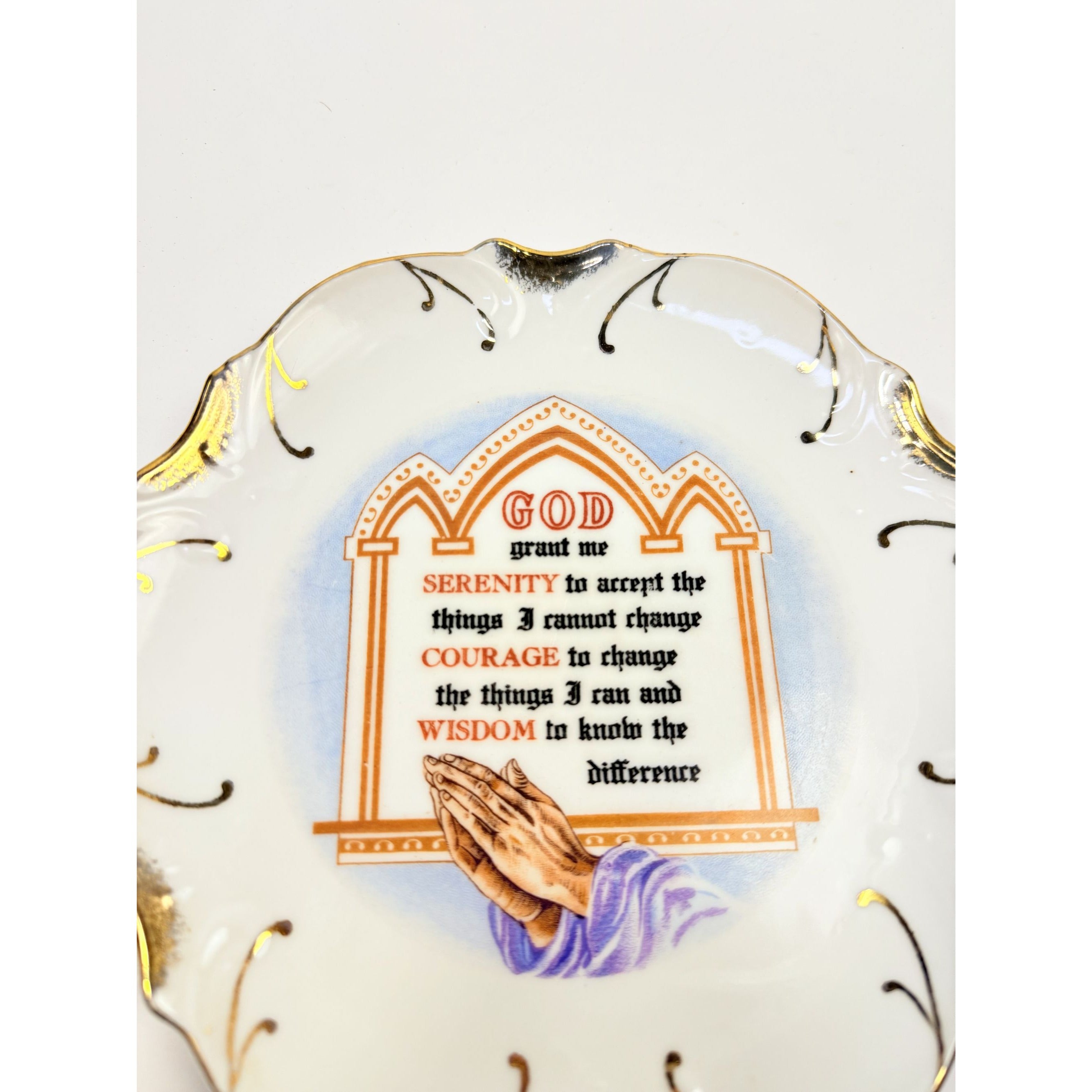 Serenity Prayer Plate Porcelain Ceramic Made Japan Mid State Gallery Wall Decor Jesus Christianity Religious Granny Core Praying Hands Gold