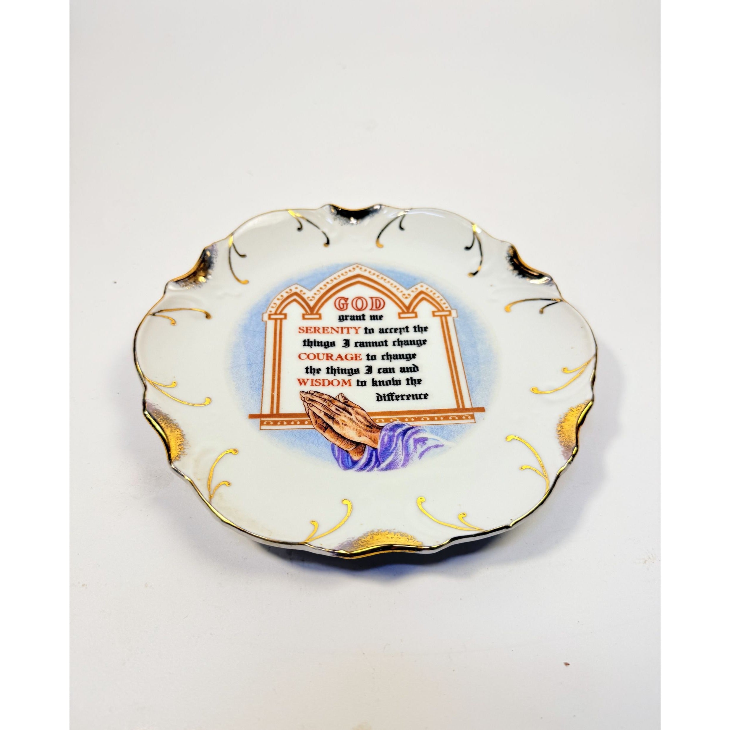 Serenity Prayer Plate Porcelain Ceramic Made Japan Mid State Gallery Wall Decor Jesus Christianity Religious Granny Core Praying Hands Gold