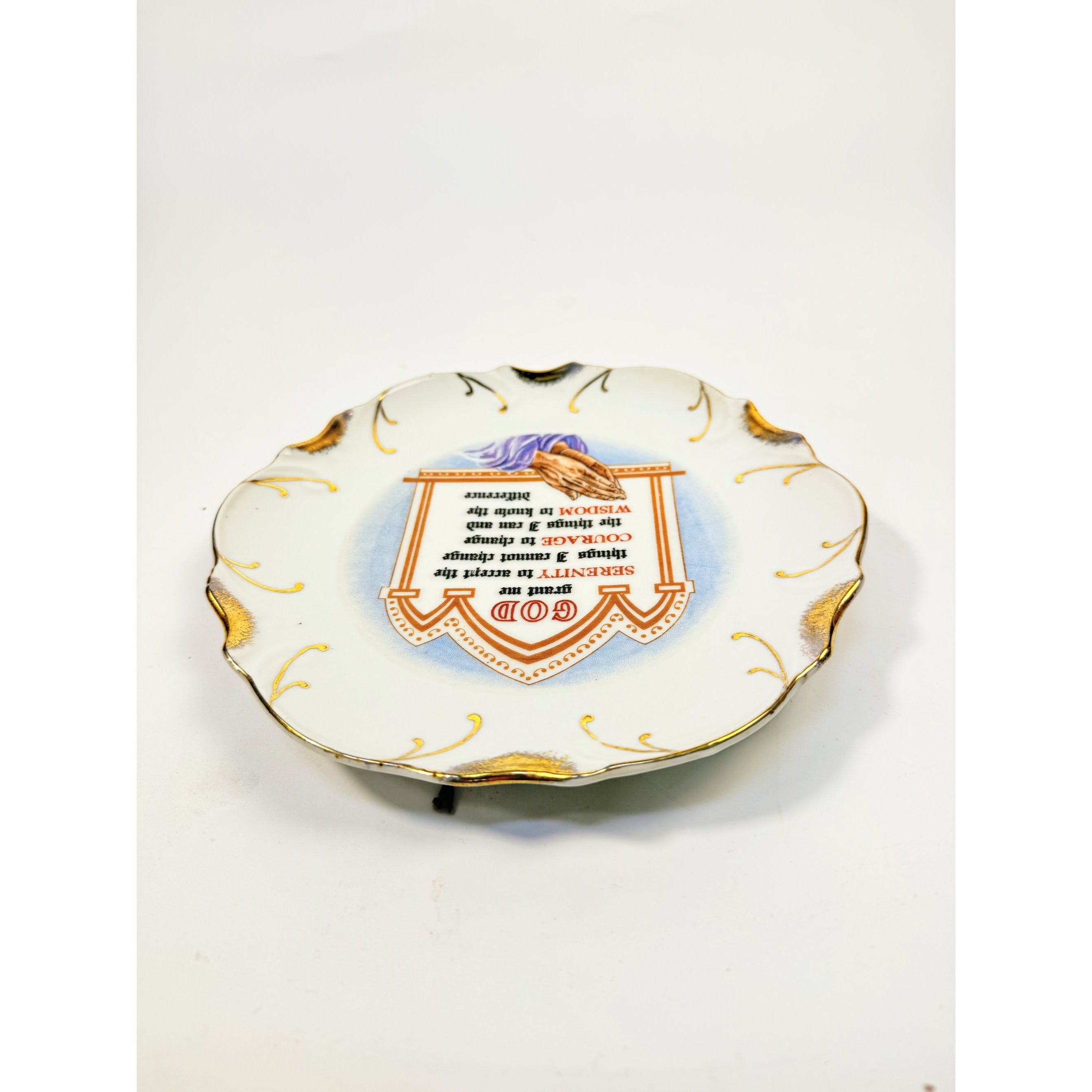 Serenity Prayer Plate Porcelain Ceramic Made Japan Mid State Gallery Wall Decor Jesus Christianity Religious Granny Core Praying Hands Gold