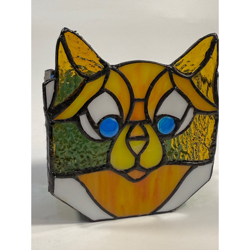 Cat Stained Glass Tea Light Pencil Holder Planter Unique Gift Desk Accessories Handmade Orange Tabby Home Decor Decorative Accents
