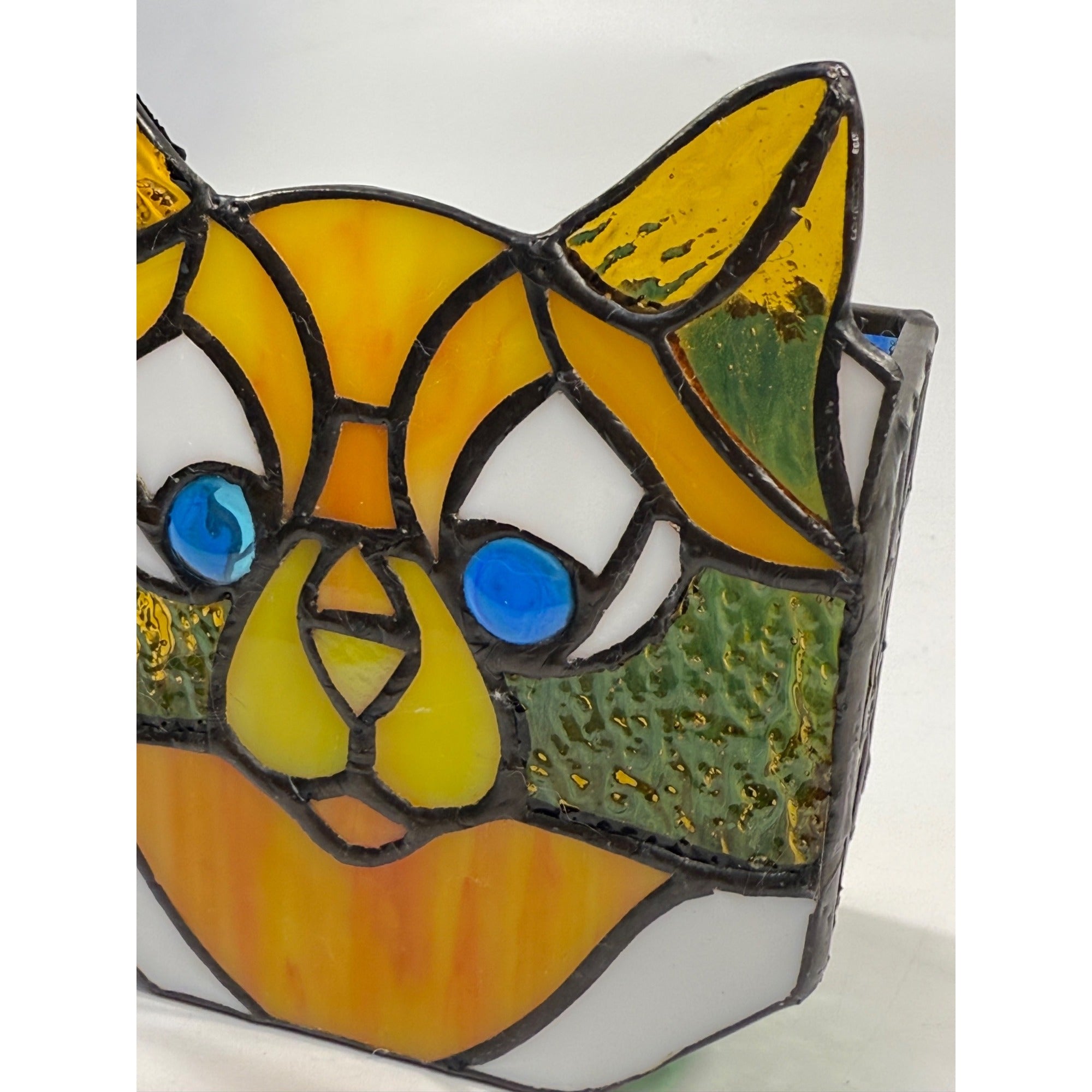 Cat Stained Glass Tea Light Pencil Holder Planter Unique Gift Desk Accessories Handmade Orange Tabby Home Decor Decorative Accents
