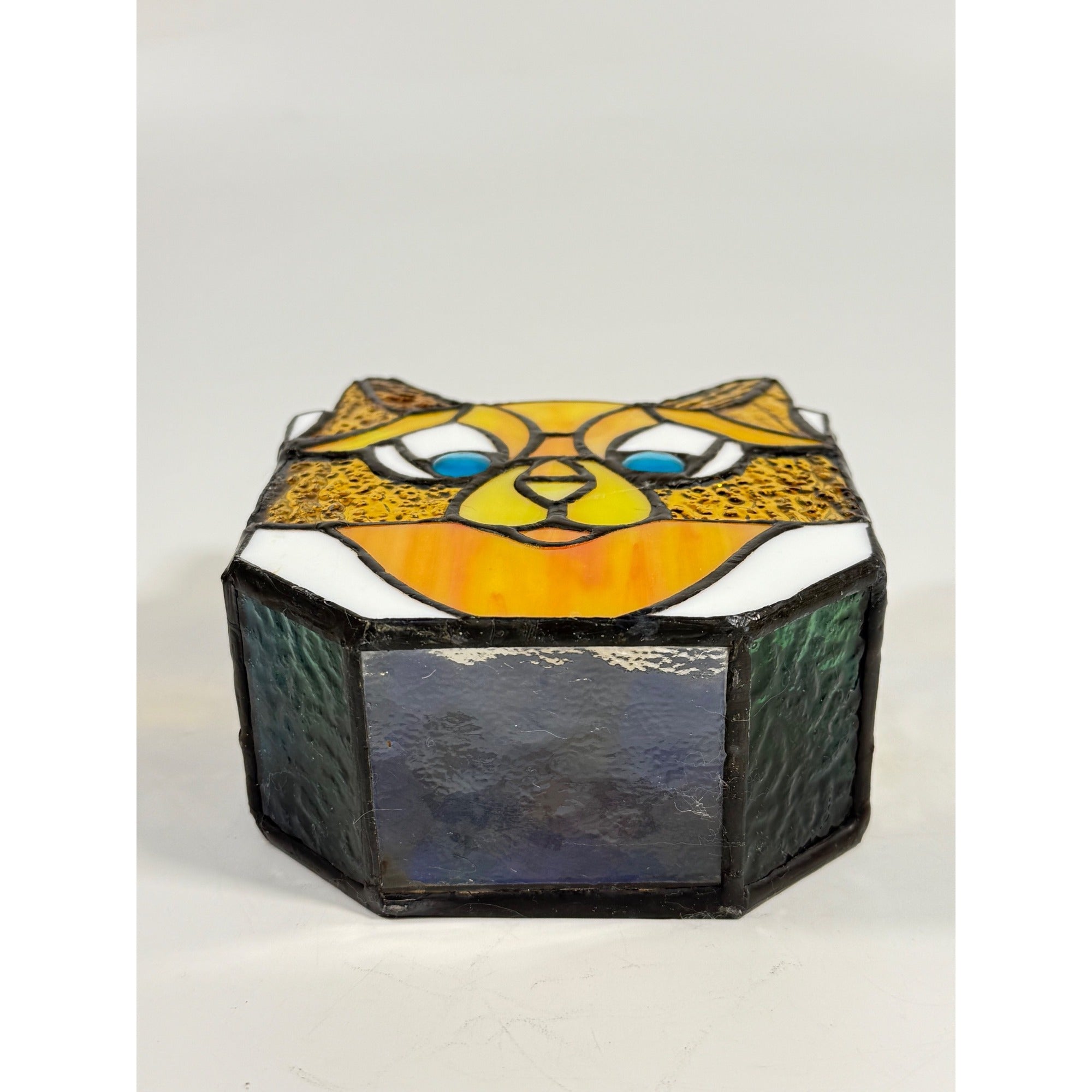 Cat Stained Glass Tea Light Pencil Holder Planter Unique Gift Desk Accessories Handmade Orange Tabby Home Decor Decorative Accents