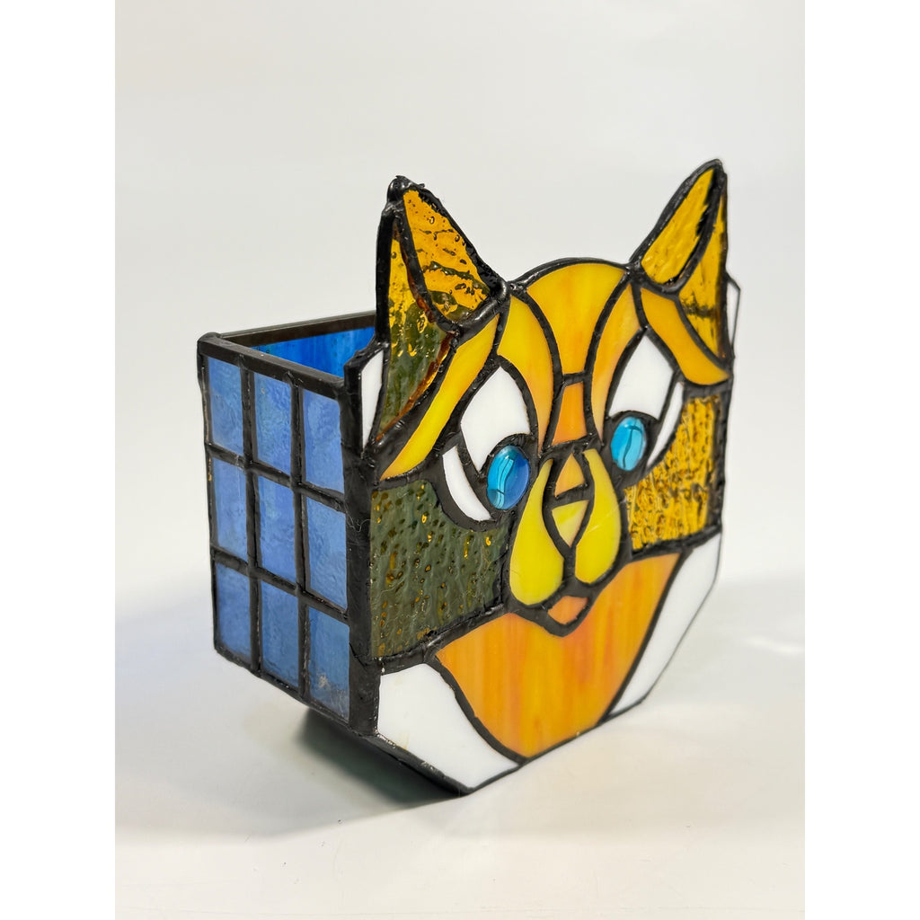 Cat Stained Glass Tea Light Pencil Holder Planter Unique Gift Desk Accessories Handmade Orange Tabby Home Decor Decorative Accents