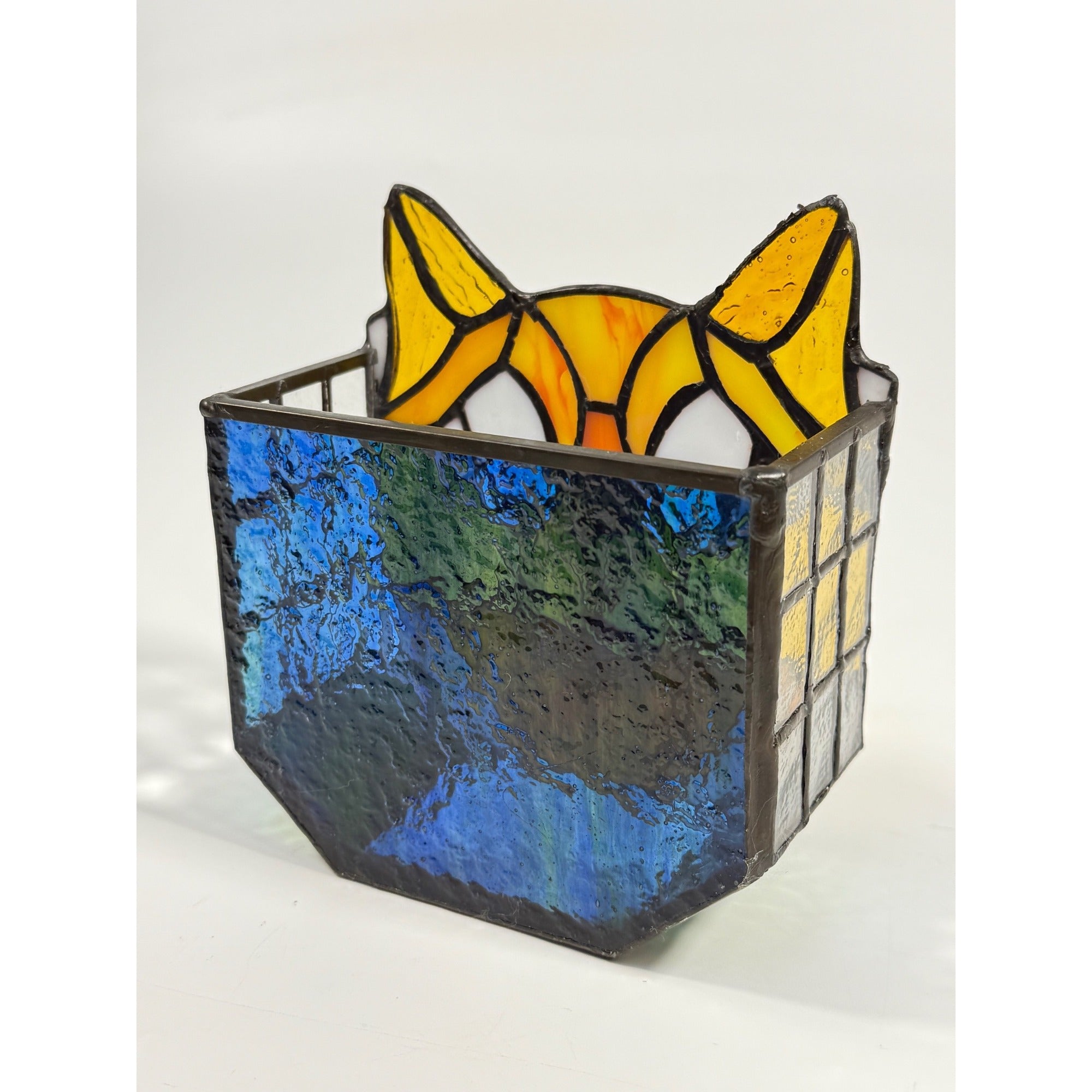 Cat Stained Glass Tea Light Pencil Holder Planter Unique Gift Desk Accessories Handmade Orange Tabby Home Decor Decorative Accents