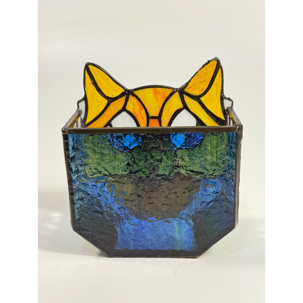 Cat Stained Glass Tea Light Pencil Holder Planter Unique Gift Desk Accessories Handmade Orange Tabby Home Decor Decorative Accents
