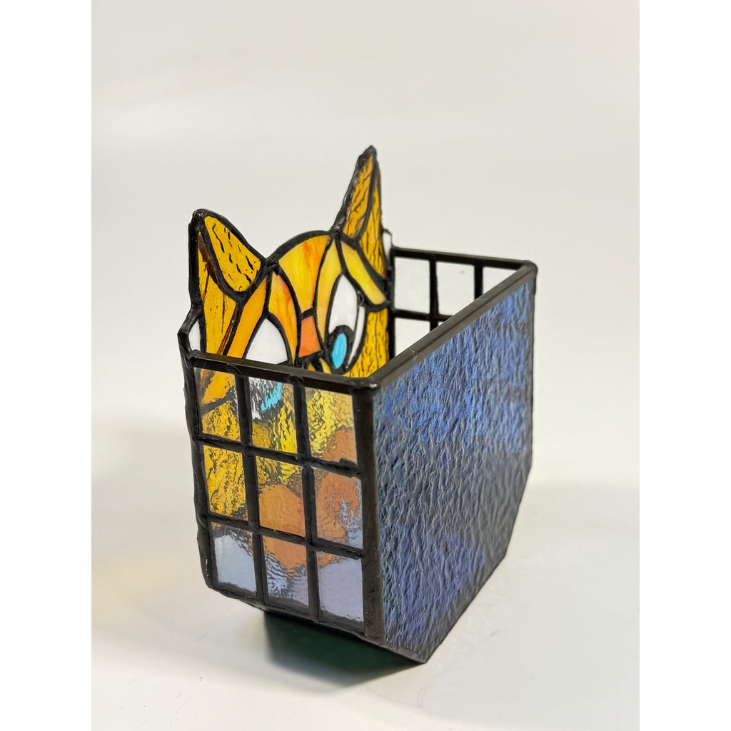 Cat Stained Glass Tea Light Pencil Holder Planter Unique Gift Desk Accessories Handmade Orange Tabby Home Decor Decorative Accents
