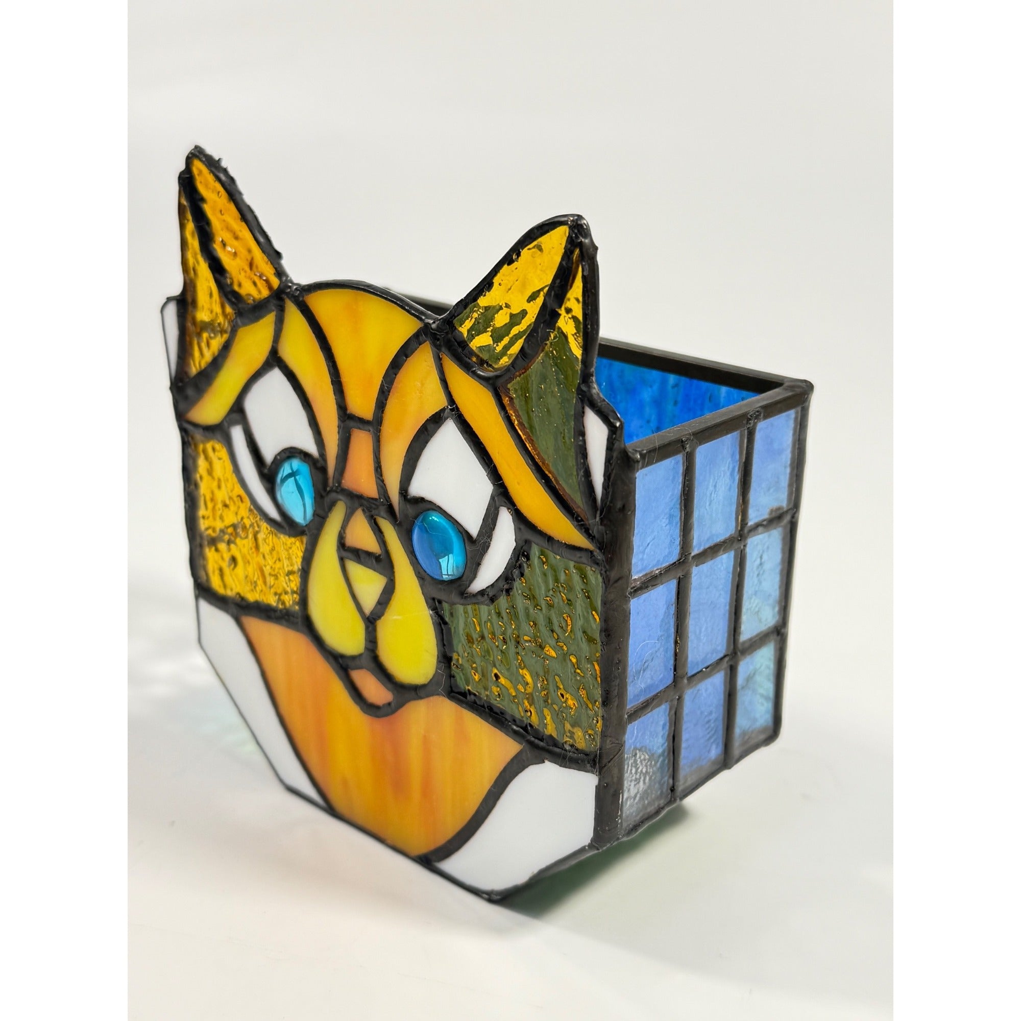 Cat Stained Glass Tea Light Pencil Holder Planter Unique Gift Desk Accessories Handmade Orange Tabby Home Decor Decorative Accents