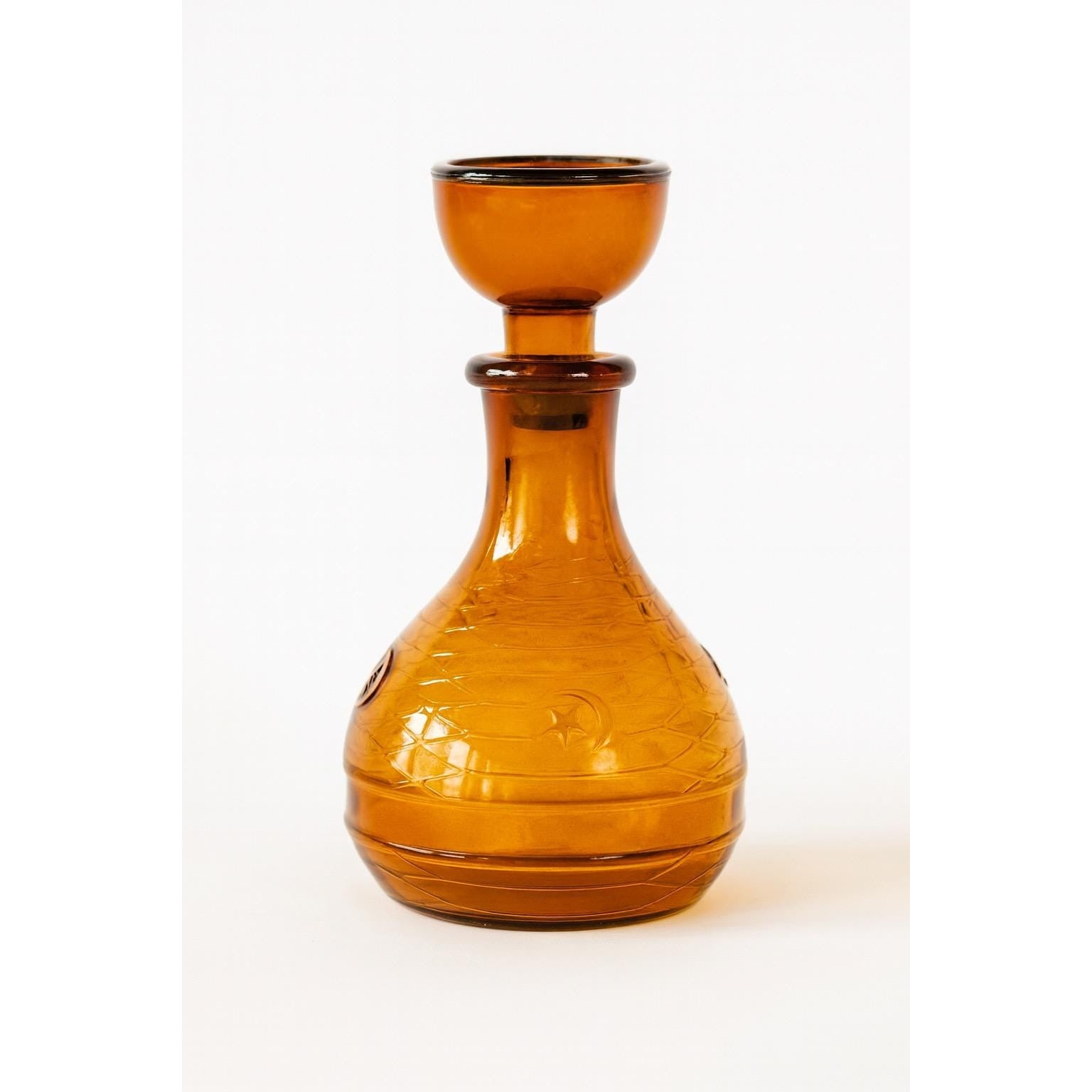 Hand Blown Amber Genie Decanter Glass bottle |  Owens Illinois Moon & star design | Stopper Bagdad Moon Star USA Nautical or Beehive