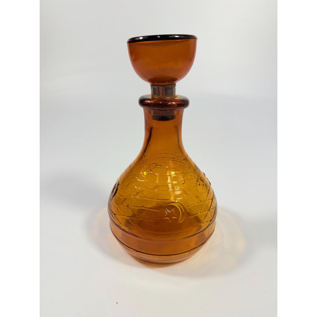 Hand Blown Amber Genie Decanter Glass bottle |  Owens Illinois Moon & star design | Stopper Bagdad Moon Star USA Nautical or Beehive