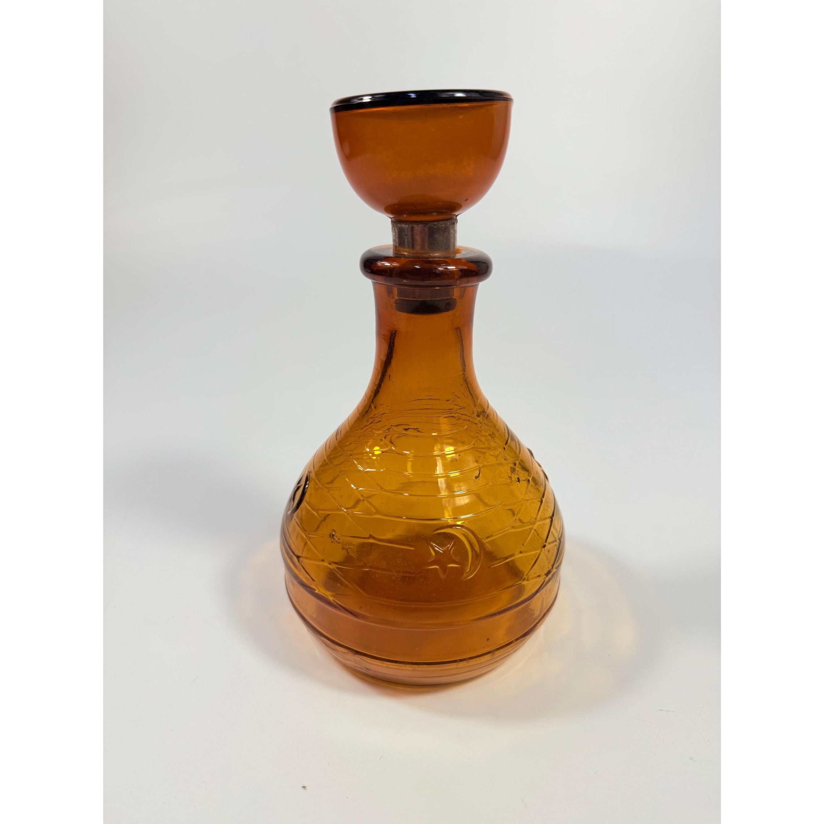 Hand Blown Amber Genie Decanter Glass bottle |  Owens Illinois Moon & star design | Stopper Bagdad Moon Star USA Nautical or Beehive