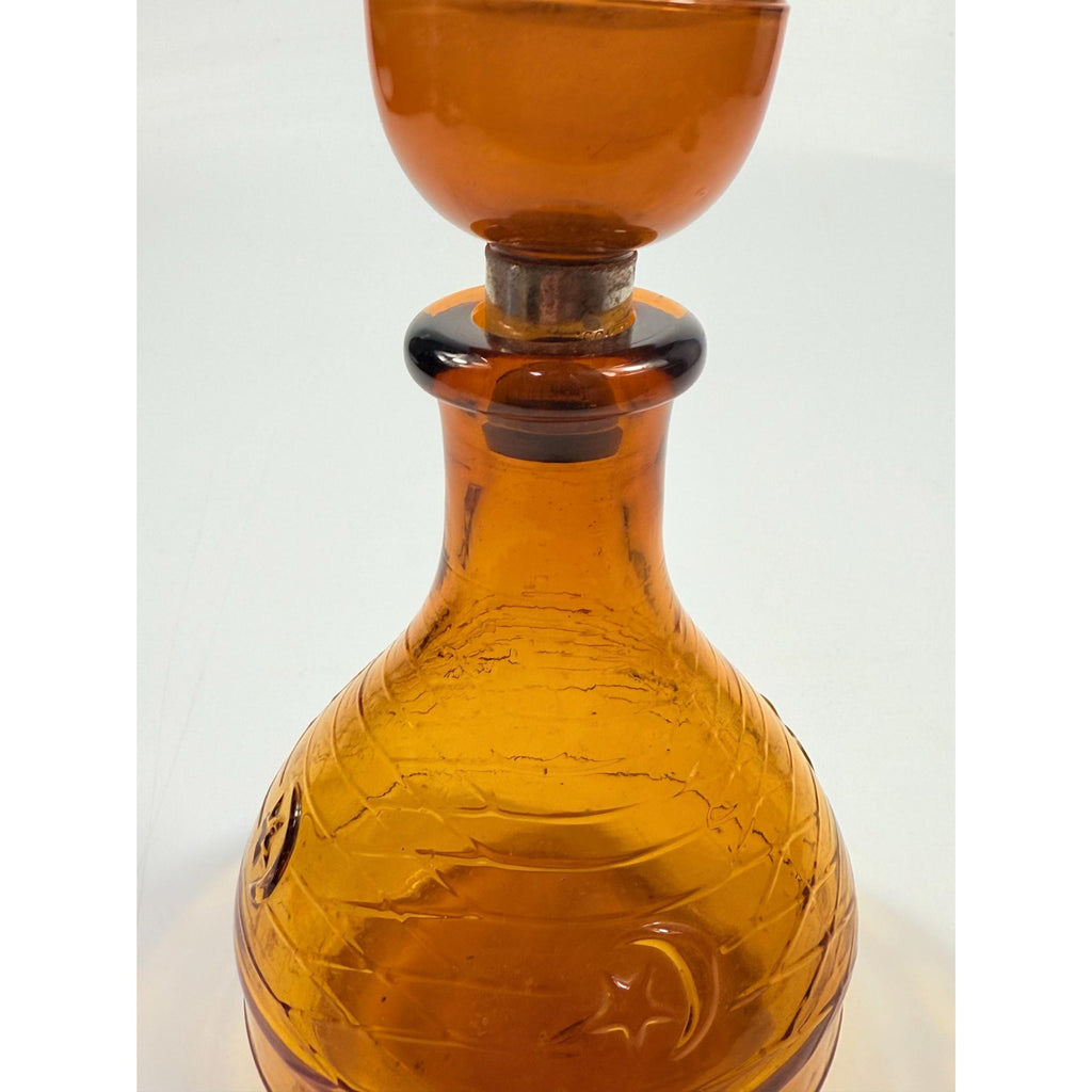 Hand Blown Amber Genie Decanter Glass bottle |  Owens Illinois Moon & star design | Stopper Bagdad Moon Star USA Nautical or Beehive