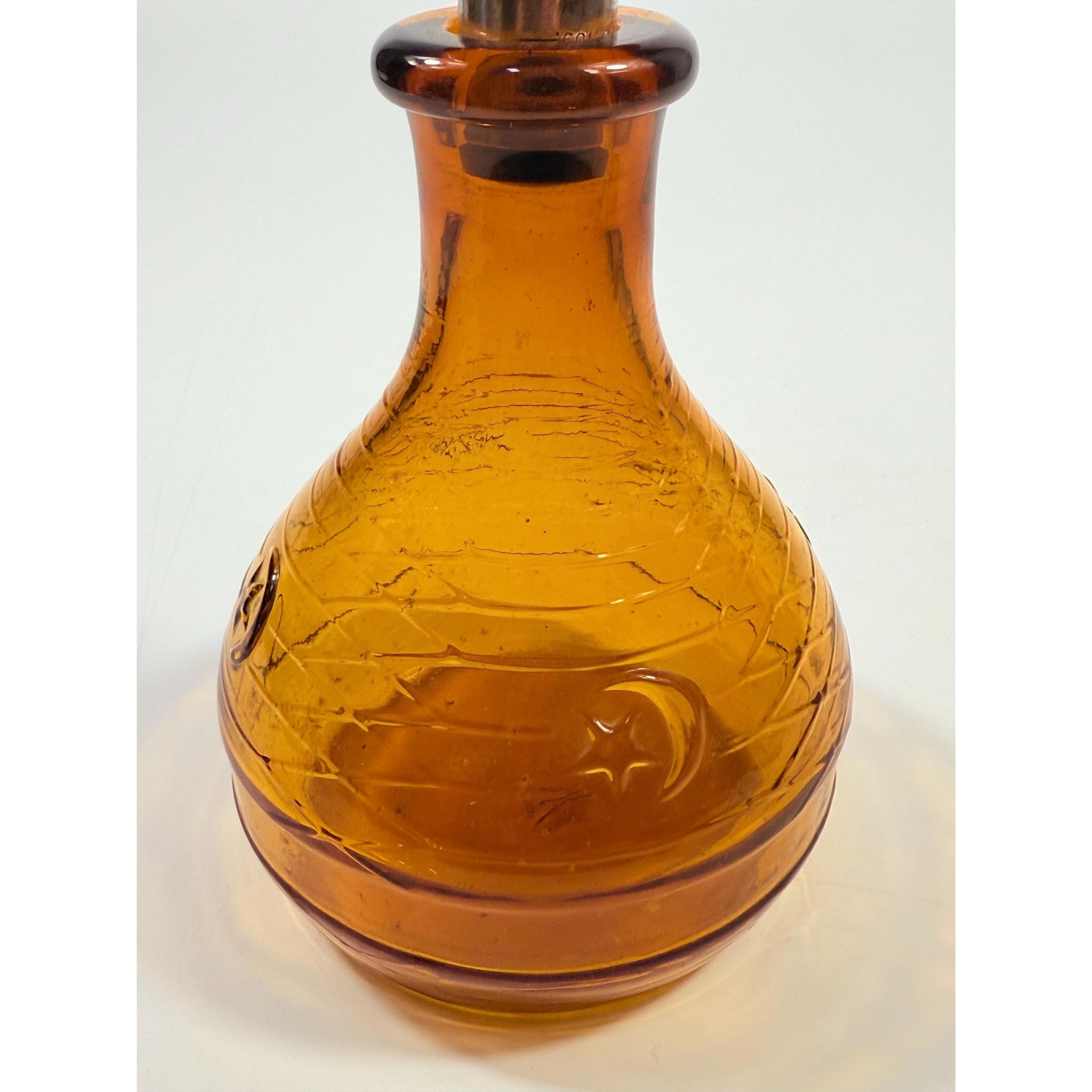 Hand Blown Amber Genie Decanter Glass bottle |  Owens Illinois Moon & star design | Stopper Bagdad Moon Star USA Nautical or Beehive