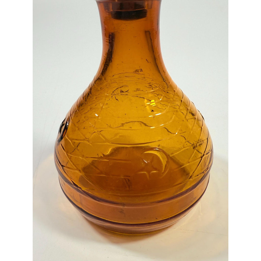 Hand Blown Amber Genie Decanter Glass bottle |  Owens Illinois Moon & star design | Stopper Bagdad Moon Star USA Nautical or Beehive